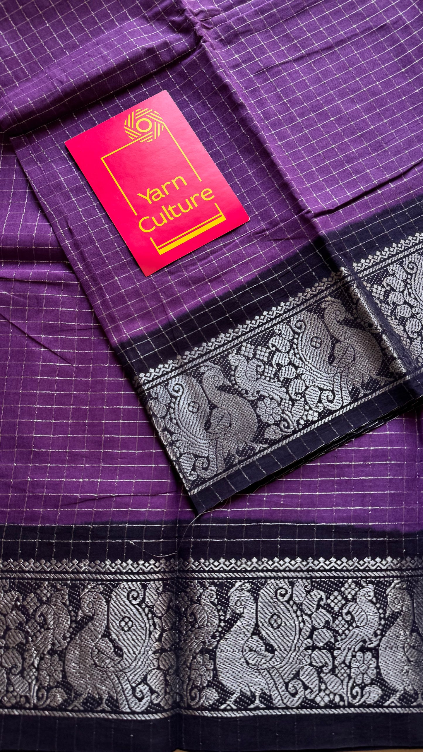 Purple with dark blue, silver zari checkered sungudi, kattuchayam dyed madurai cotton - YCCOTNMSAP105