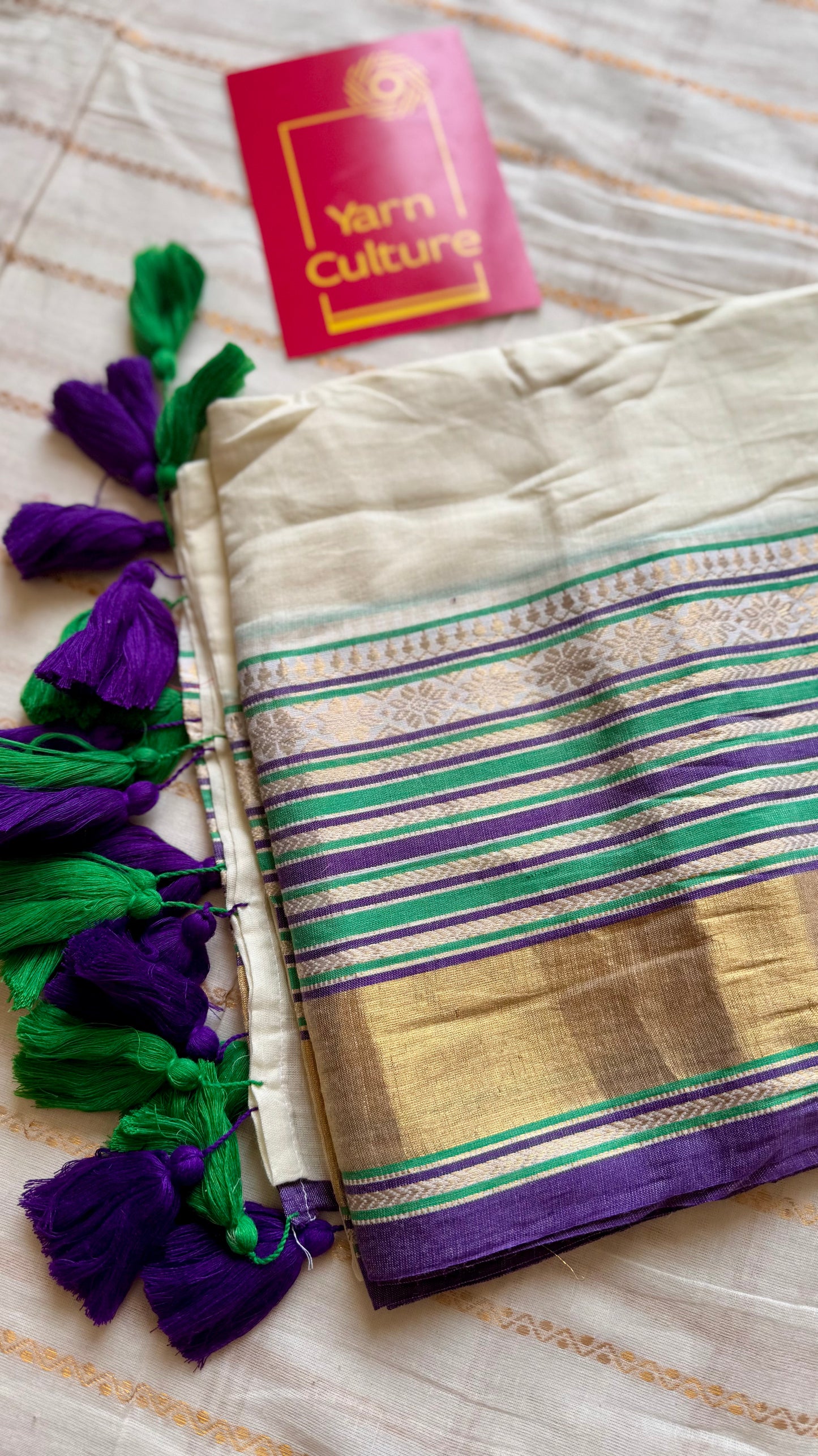 Ivory mul saree, purple, green and gold kanchi border - YCIEON29
