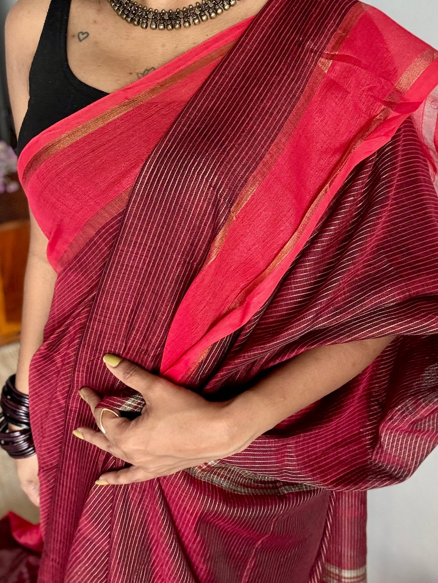 Maroon with red gap border, gold zari stripes, soft cotton - YCBCKCZDE131
