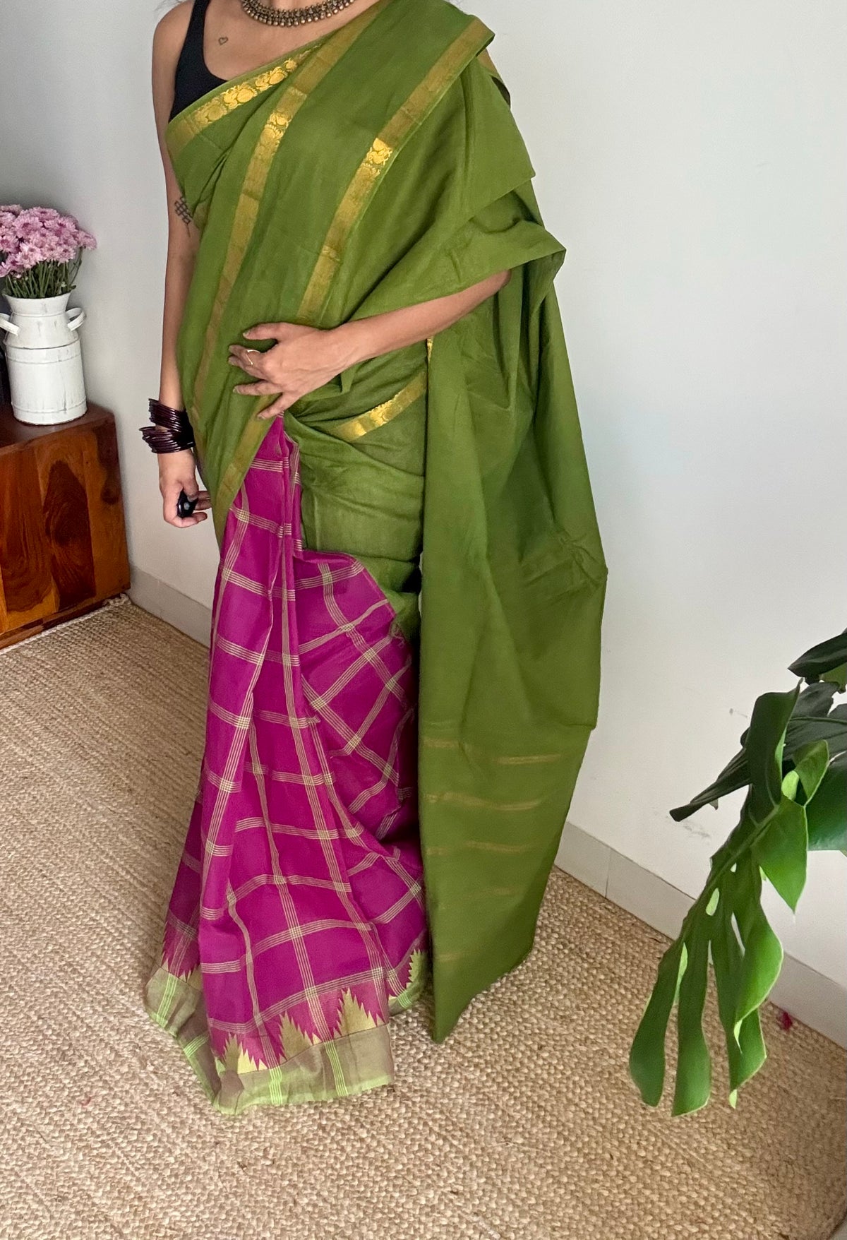 Green with multicoloured checks, sungudi and chettinad cotton half and half saree - YCCOTNIDOC148