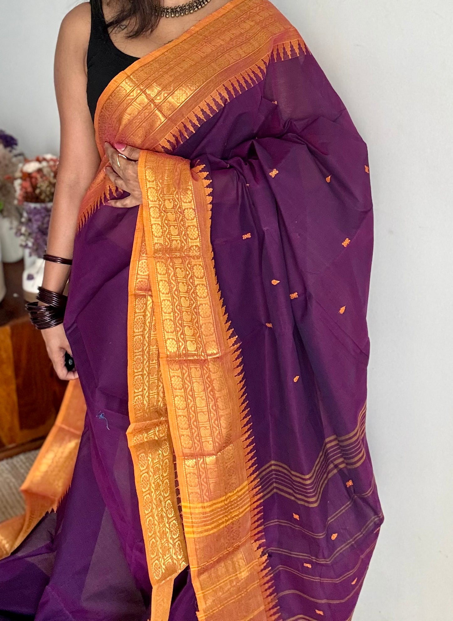 Kanchi cotton saree, purple with turmeric yellow border - YCCOTNAP87