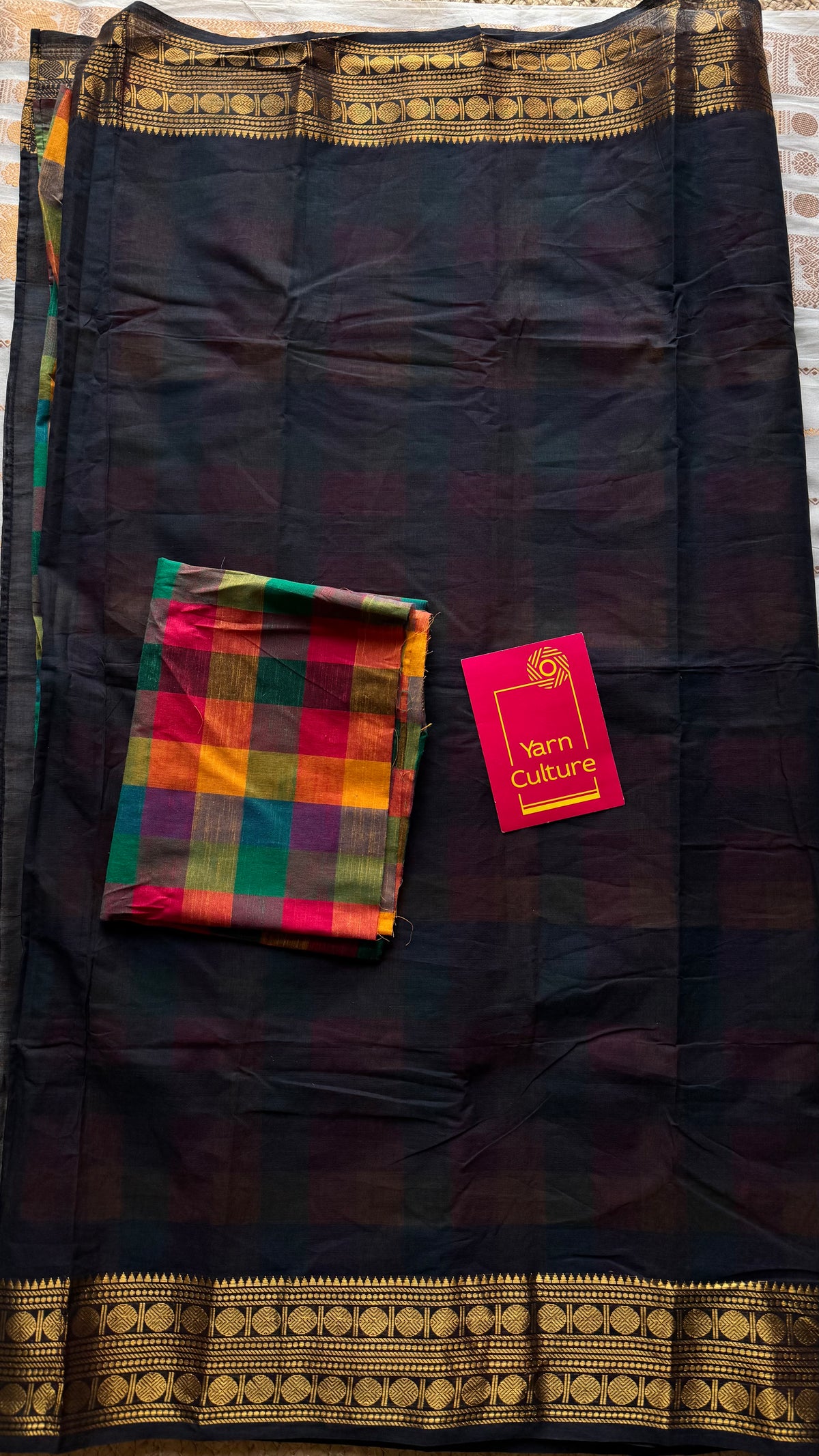 Black chettinad with multicoloured madras checks, cotton half and half saree - YCCOTNIDOC166