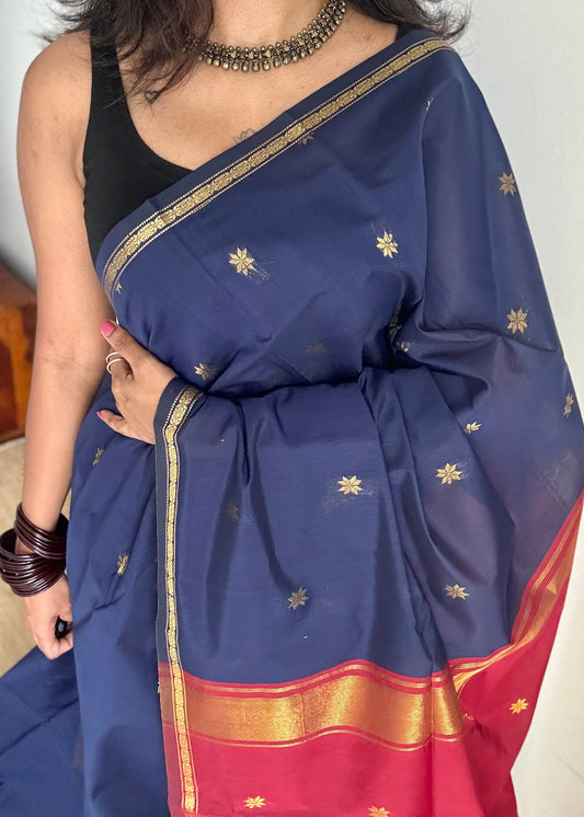 Dark blue with red, gold buttas, semi maheshwari cotton silk - YCCOTNFEJUSM05