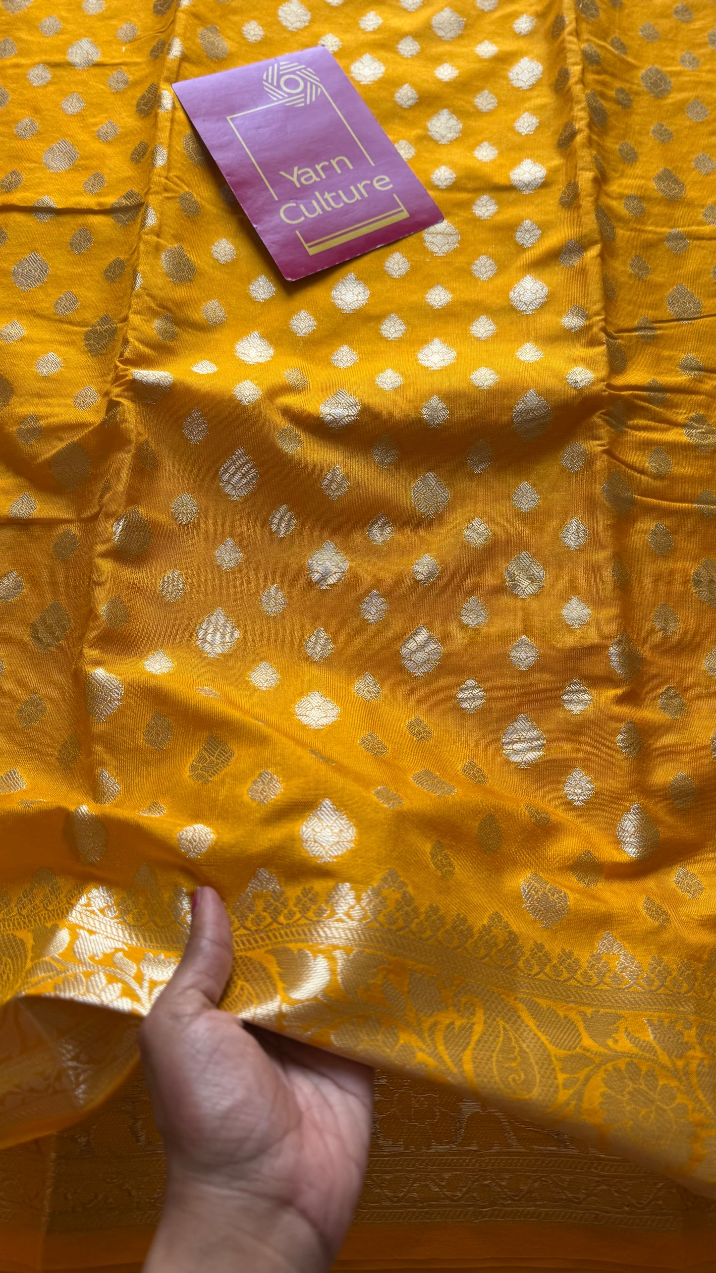 Orangish dark yellow, silver buttas and zari, Banarasi semi-silk - YCDESE35