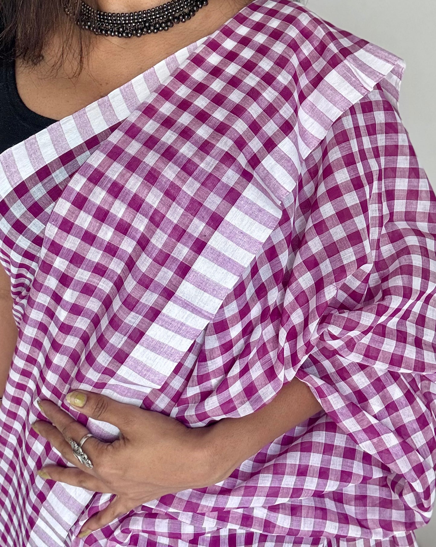 Purple and white checkered mul cotton saree  - YCBCMCCMA30