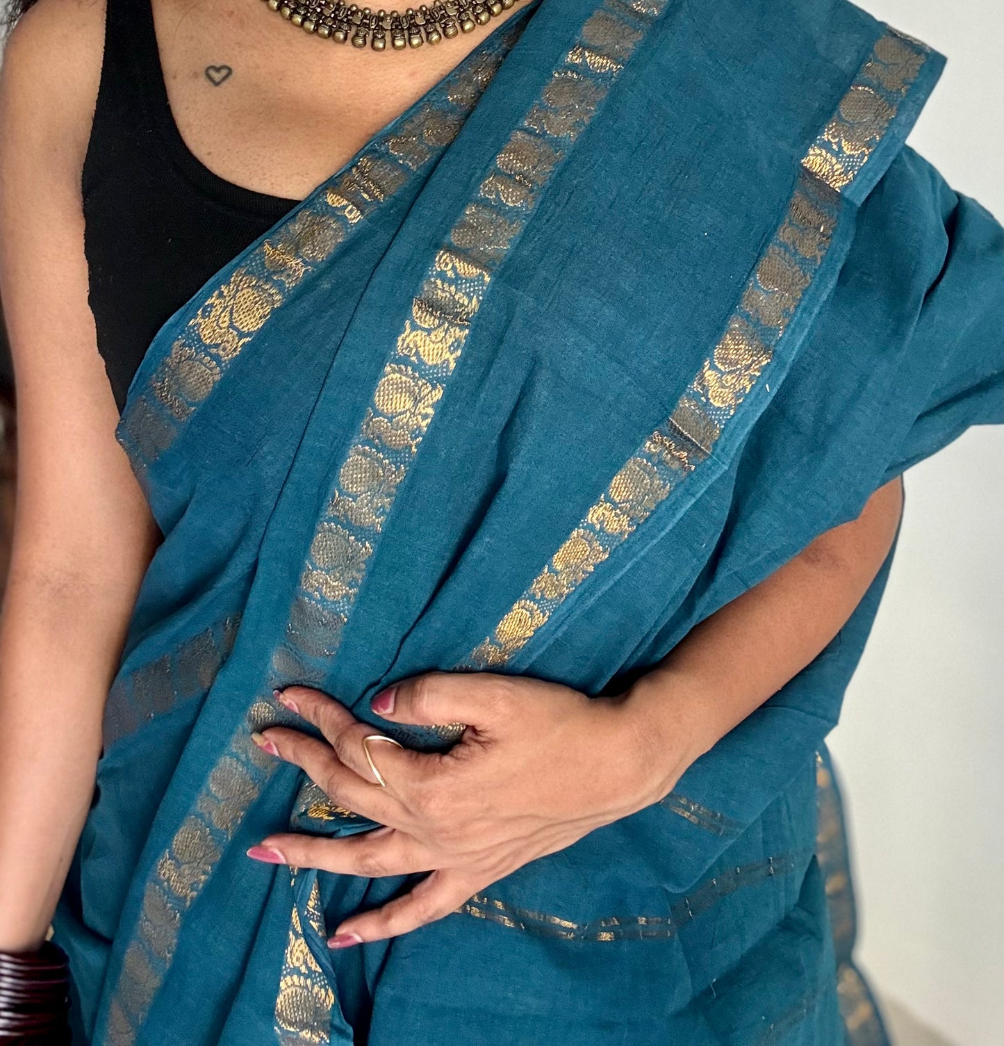 Peacock blue/teal rettaipettu peacock double bordered, kattuchayam dyed madurai cotton saree - YCTORKDJU30