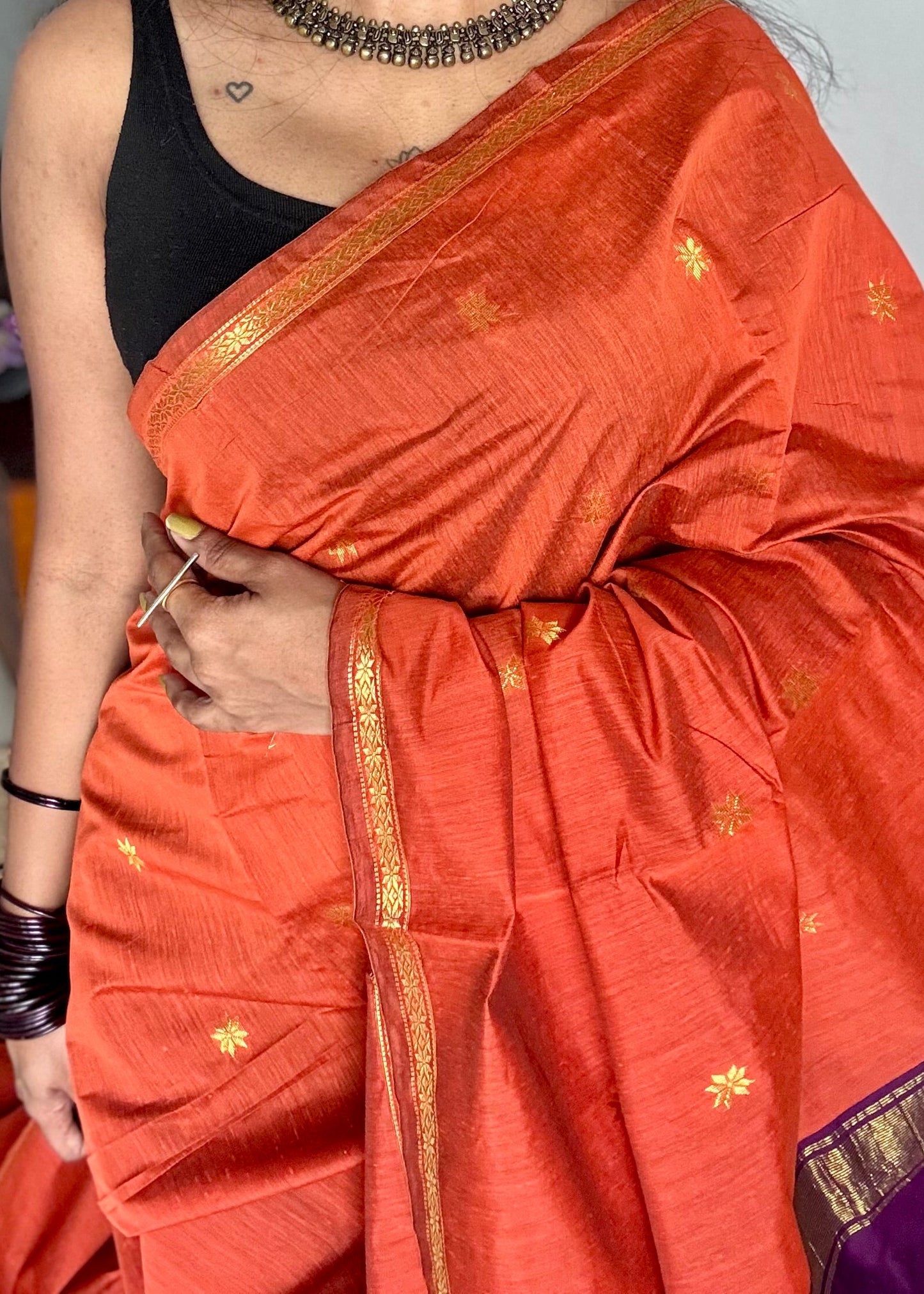 Dark orange with purple wine, gold buttas, semi maheshwari cotton silk - YCCOTNCSDE91