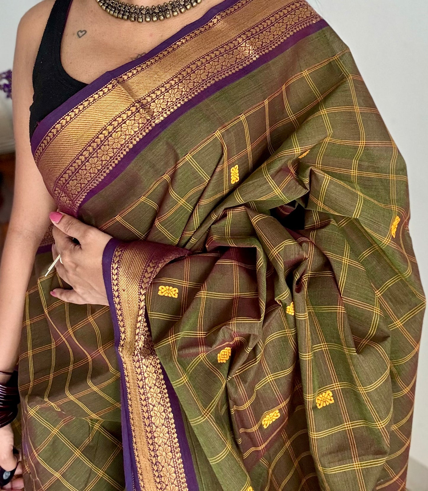 Dark green and purple contrast, checkered Chettinad cotton saree - YCCOTNMA265