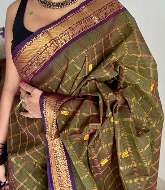 Dark green and purple contrast, checkered Chettinad cotton saree - YCCOTNMA265