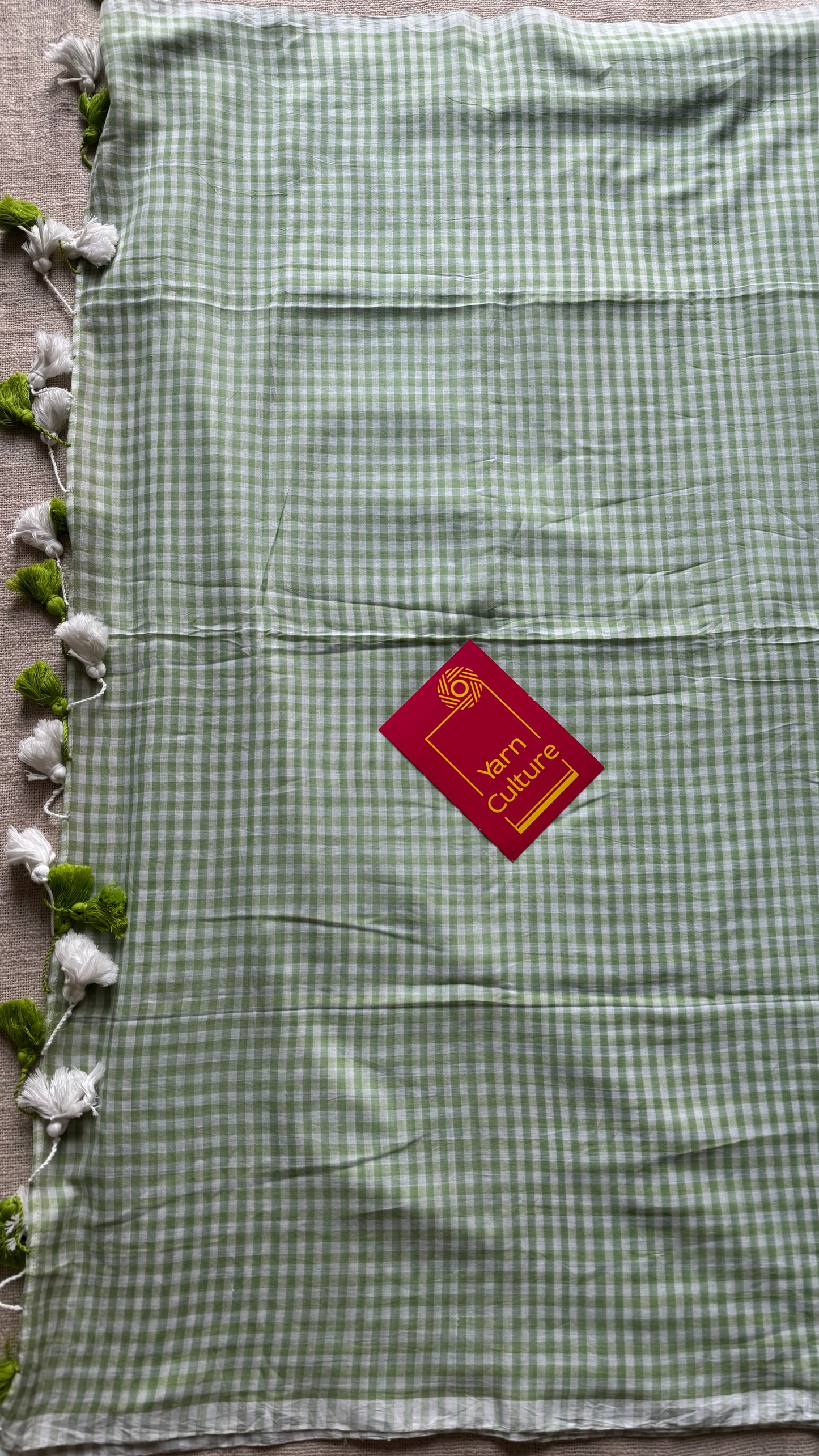 Light green and white checkered mul cotton saree  - YCBCMCCMA27
