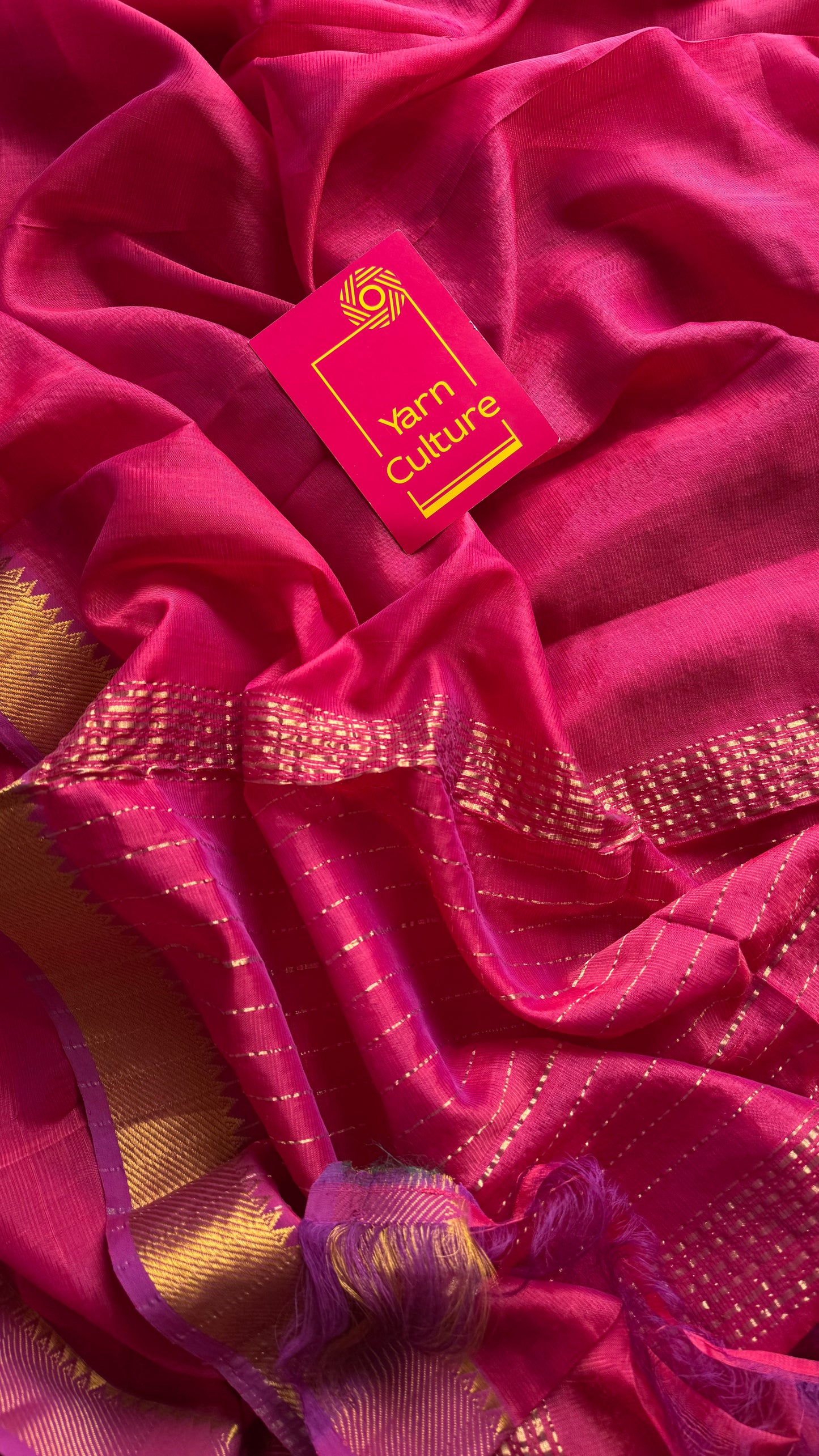 Plain hot pink dual tone with gold zari border, mangalgiri silk cotton, handwoven, soft, light weight - YCWOTDMSAP224