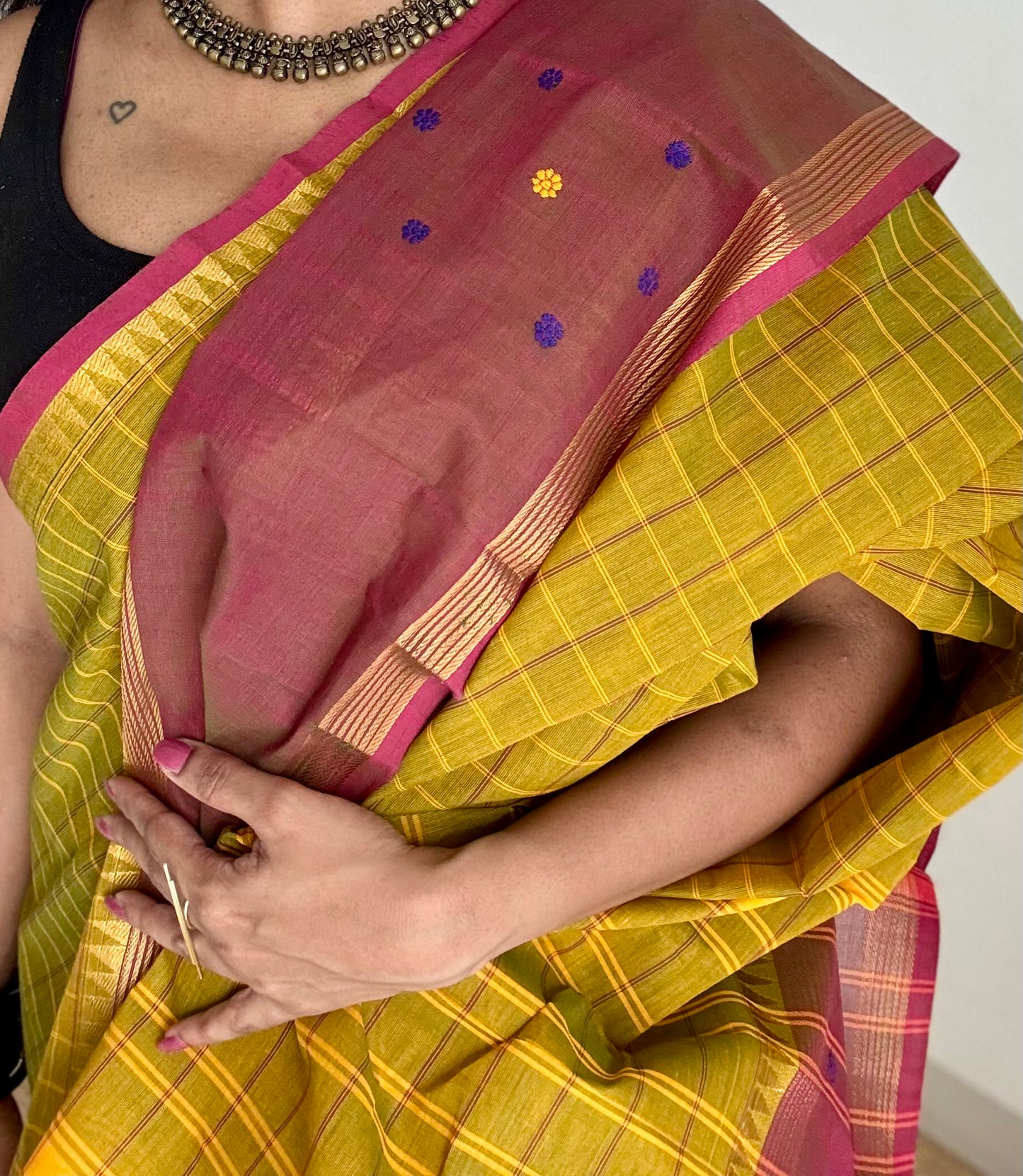 Light green and dark copper rose contrast, checkered Chettinad cotton saree - YCCOTNMA267