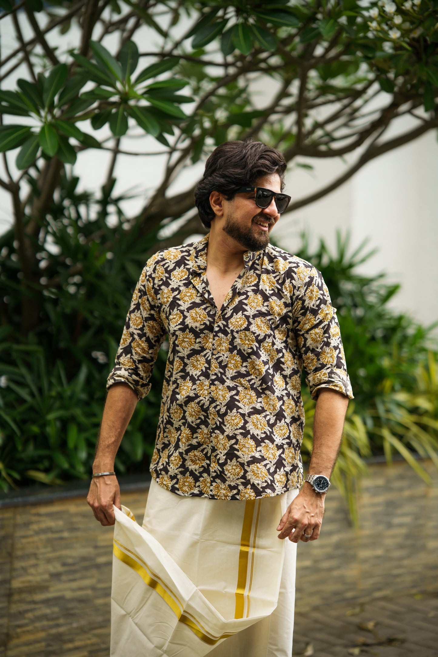 Black & Yellow Floral Block Printed Cotton Men's Mandarin Collar Kurta Shirt - YCMSEIE197