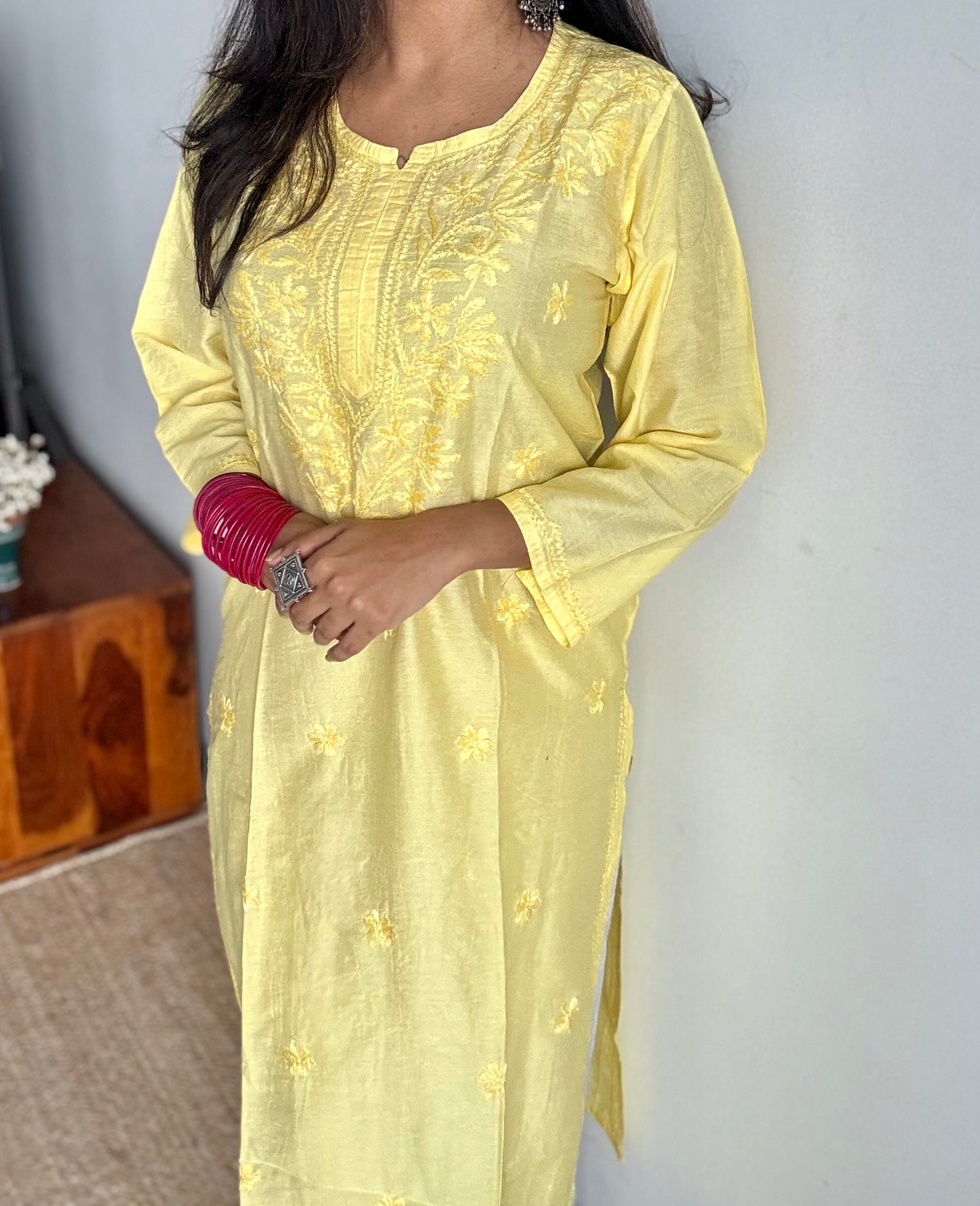 Light yellow chanderi chikankari with ghas patti work, stitched kurta, round neck, three fourth sleeves - YCSECK05