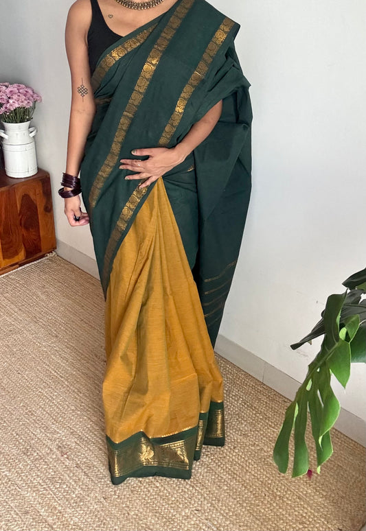 Dark green with ginger green, sungudi and chettinad cotton half and half saree - YCCOTNIDOC135