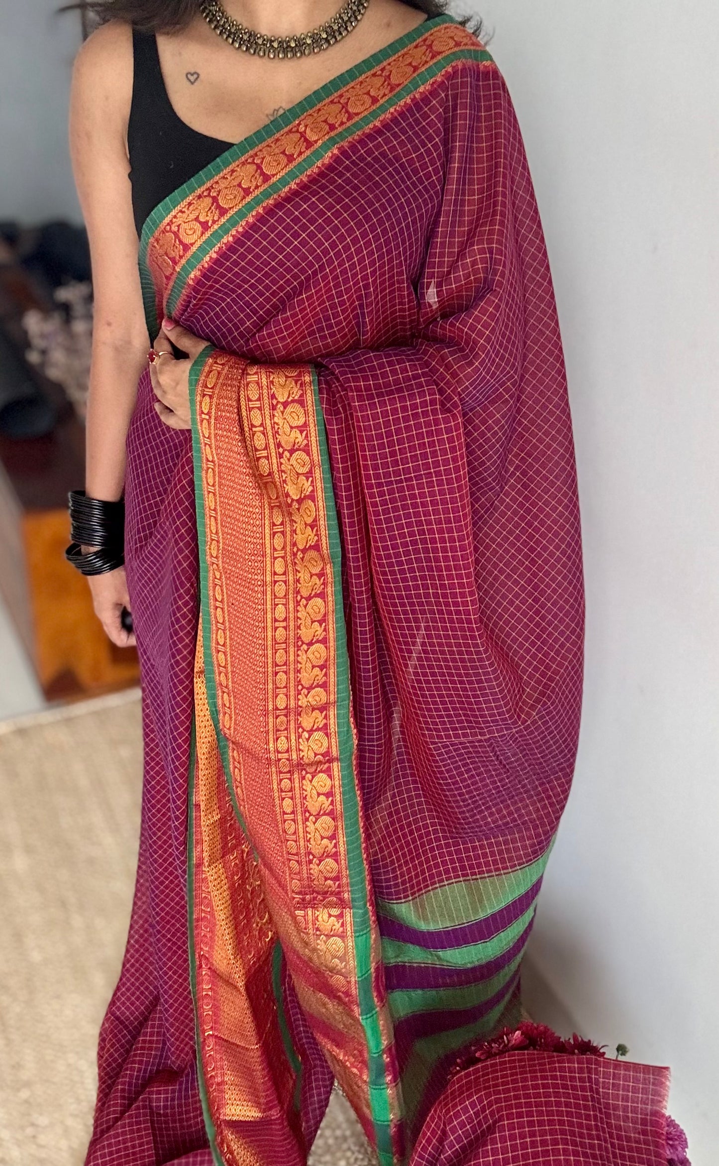 Purple pink (vadamalli) checks with zari border, premium narayanpet, soft cotton - YCWOTDFEBB14