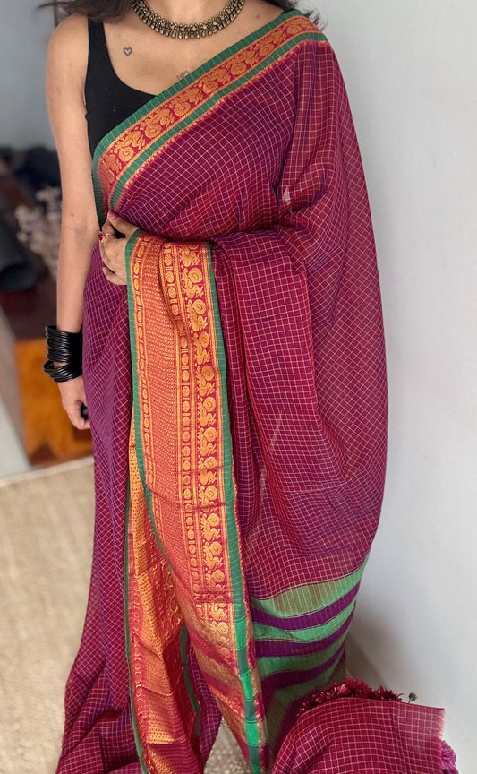 Purple pink (vadamalli) checks with zari border, premium narayanpet, soft cotton - YCWOTDFEBB14