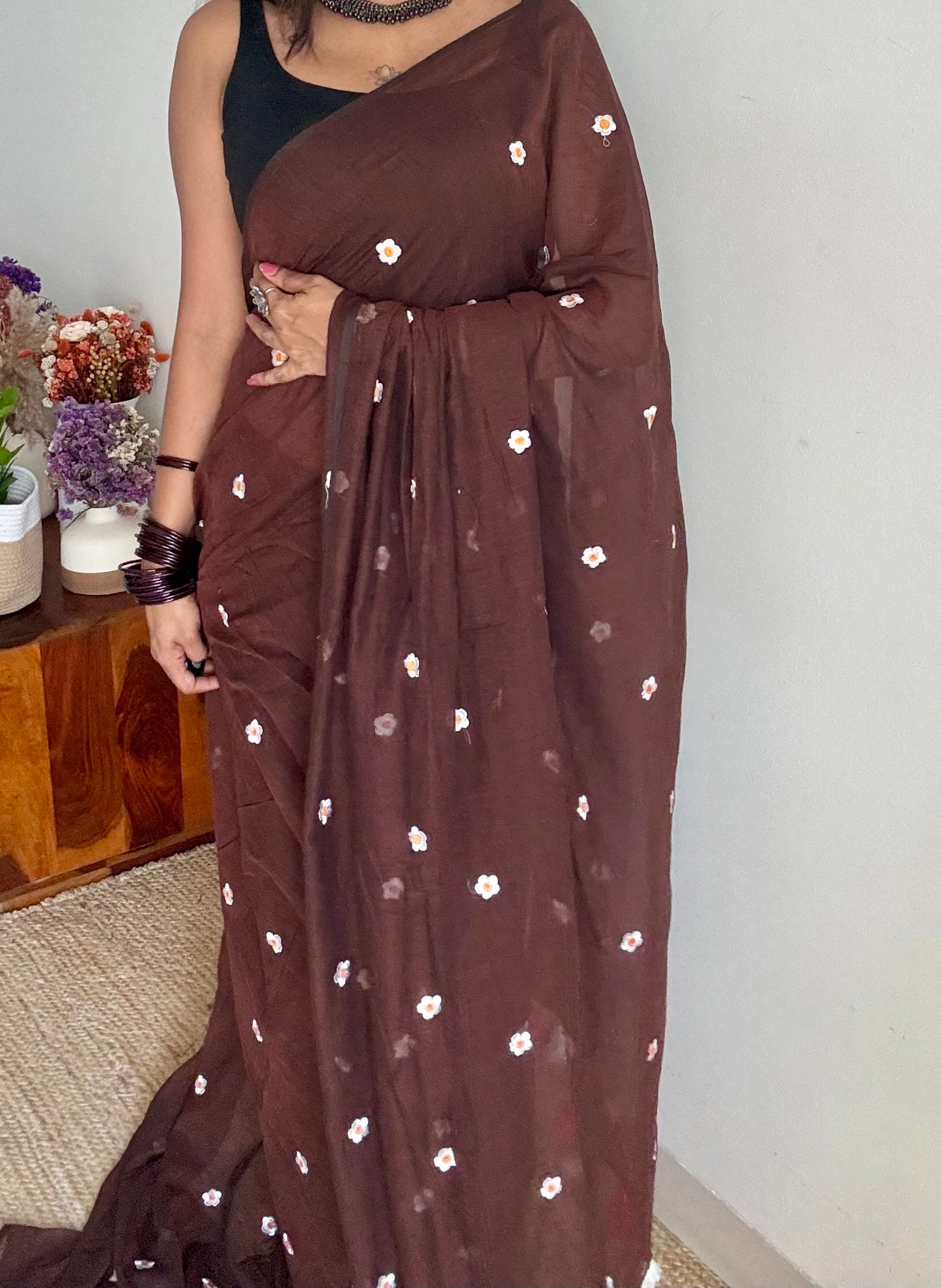 Brown with white floral embroidered mul cotton saree  - YCBCMCAP42