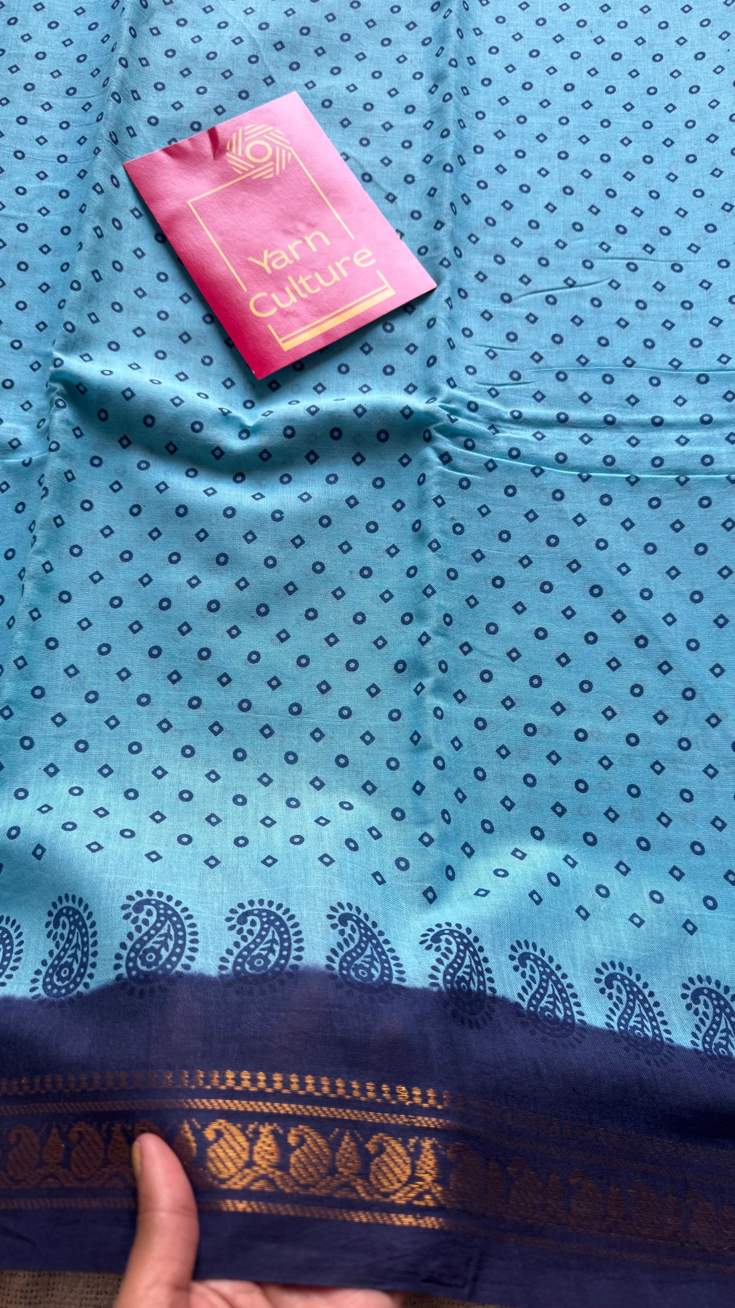 Light blue with dark blue, motif printed, kattuchayam dyed madurai sungudi cotton saree - YCCOTNMSFE76