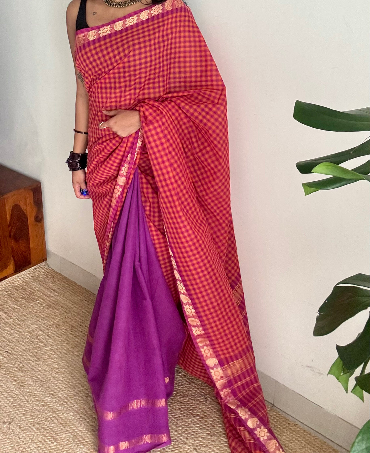 Orange and magenta with purple, sungudi and chettinad cotton half-half saree - YCCOTNIDOC38