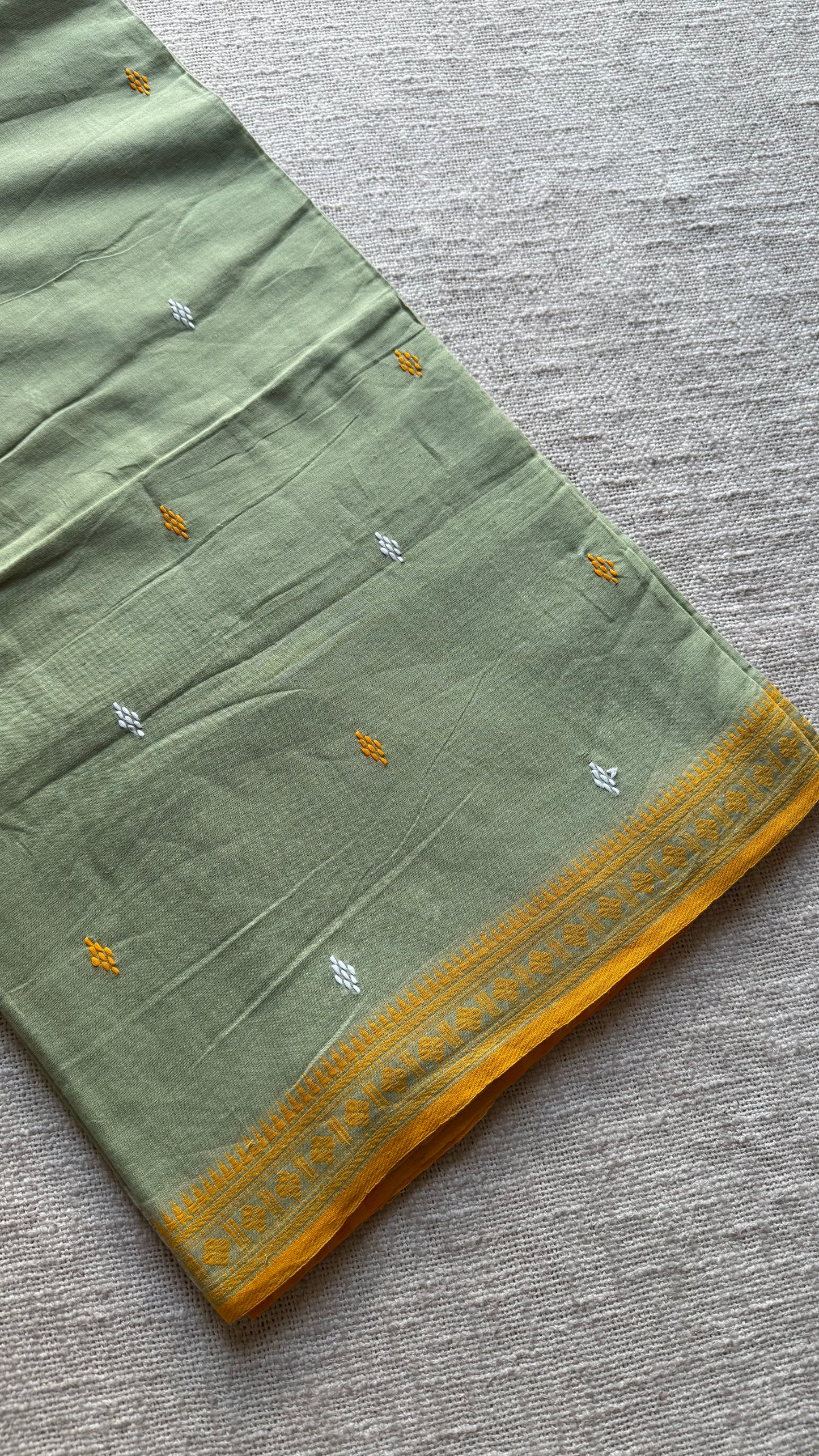 Dhonekhali handloom soft cotton saree, sage green with yellow and white woven buttas and border - YCBCDFE260
