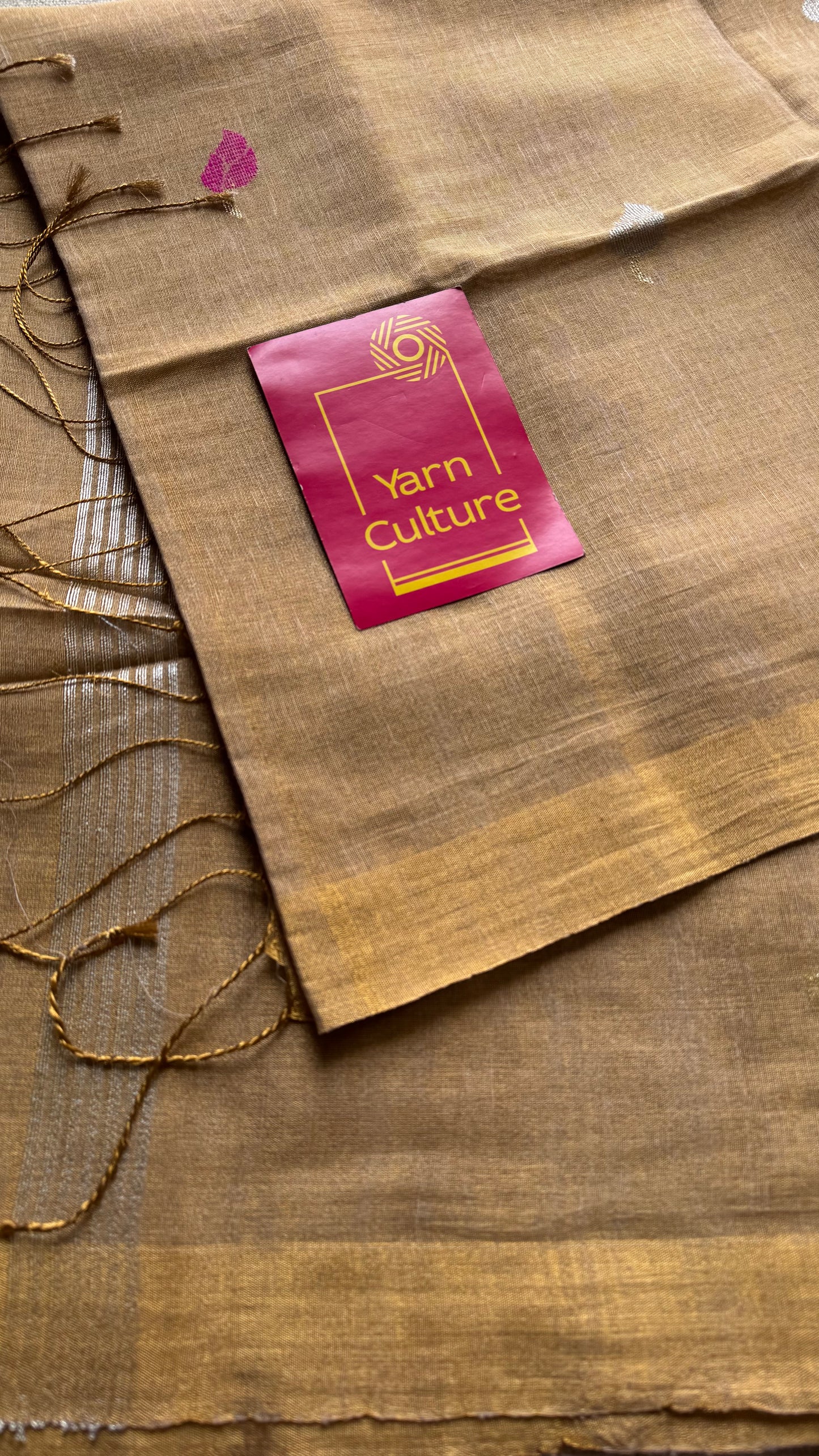 Handwoven ivory gold dual tone tissue linen saree with lotus motifs - YCBCLTFE400