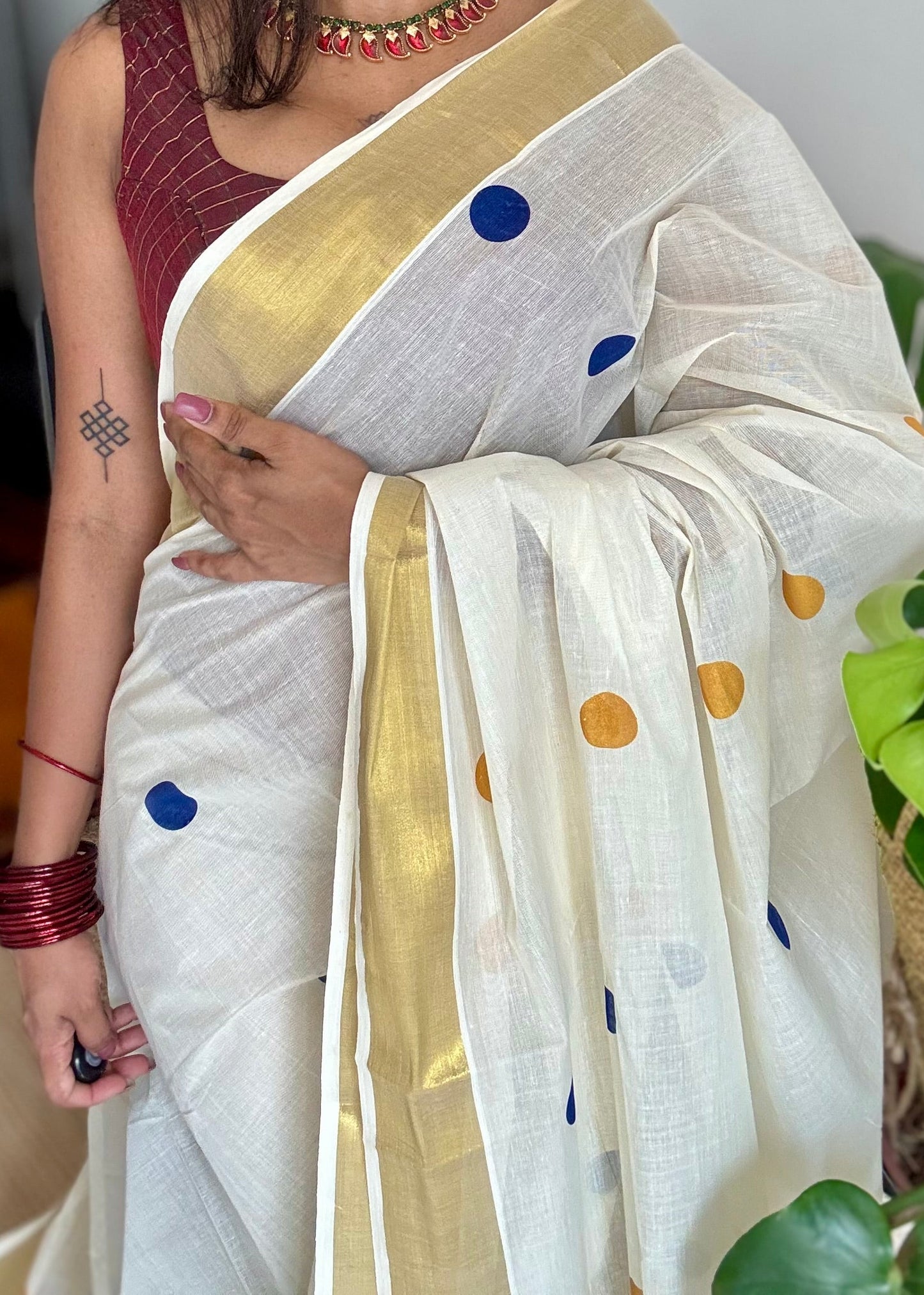 Ivory and gold soft cotton kasavu saree, navy blue and yellow polka - YCIEON73