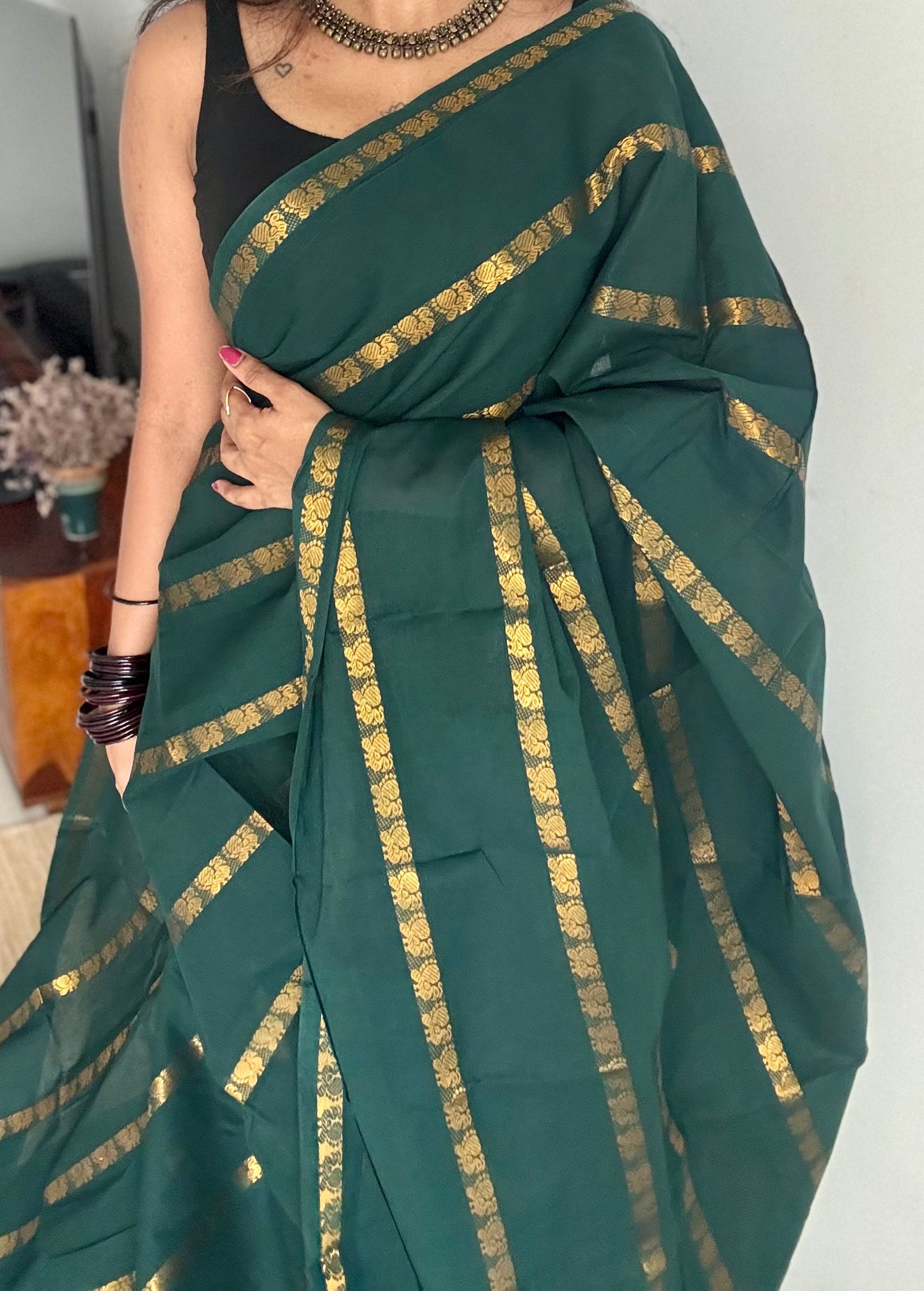 Dark green, peacock motif sungudi cotton - YCCOTNOCSC52