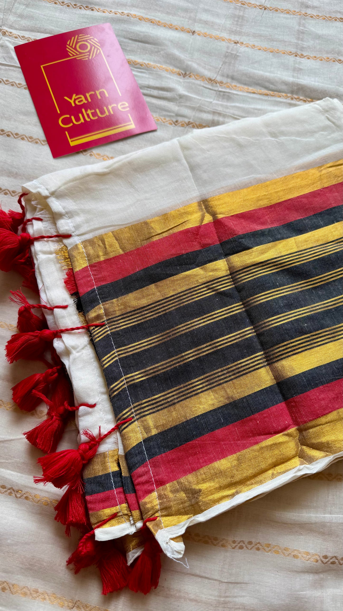 Ivory mul saree, red, black and gold striped border - YCIEON36