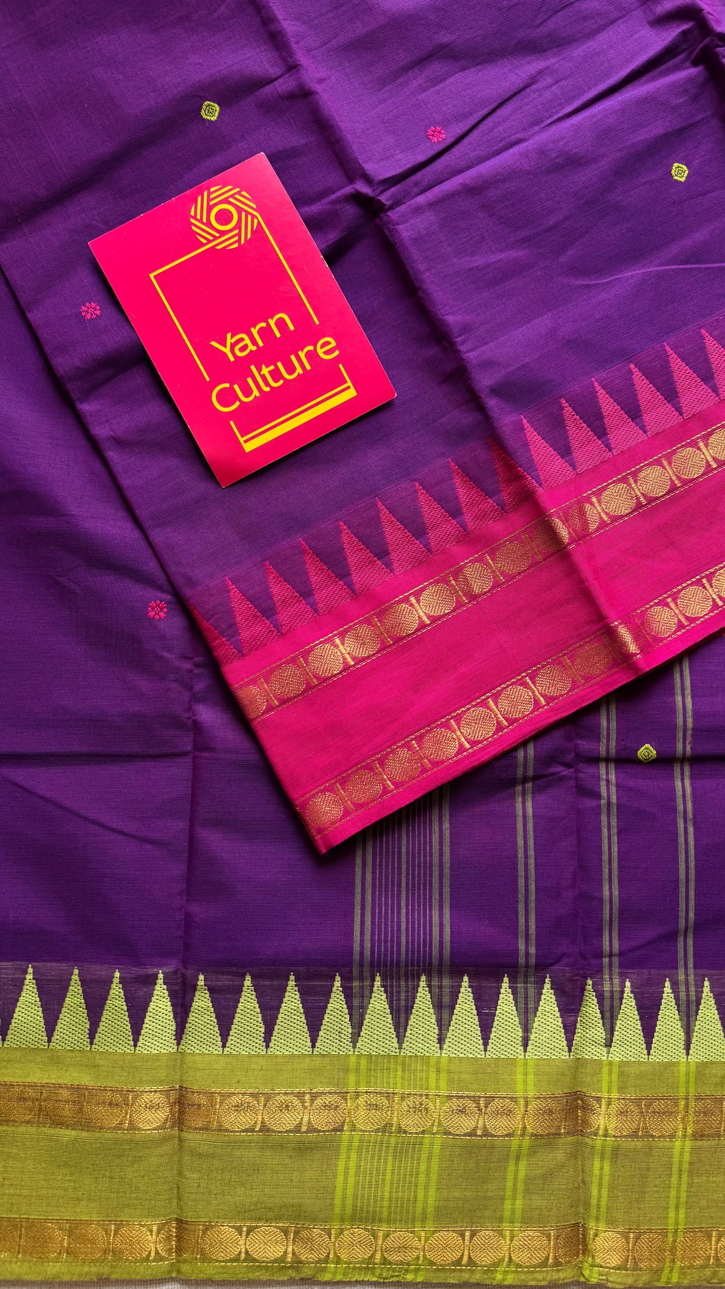 Kanchi cotton saree, purple with hot pink and lime green dual border - YCCOTNAP98