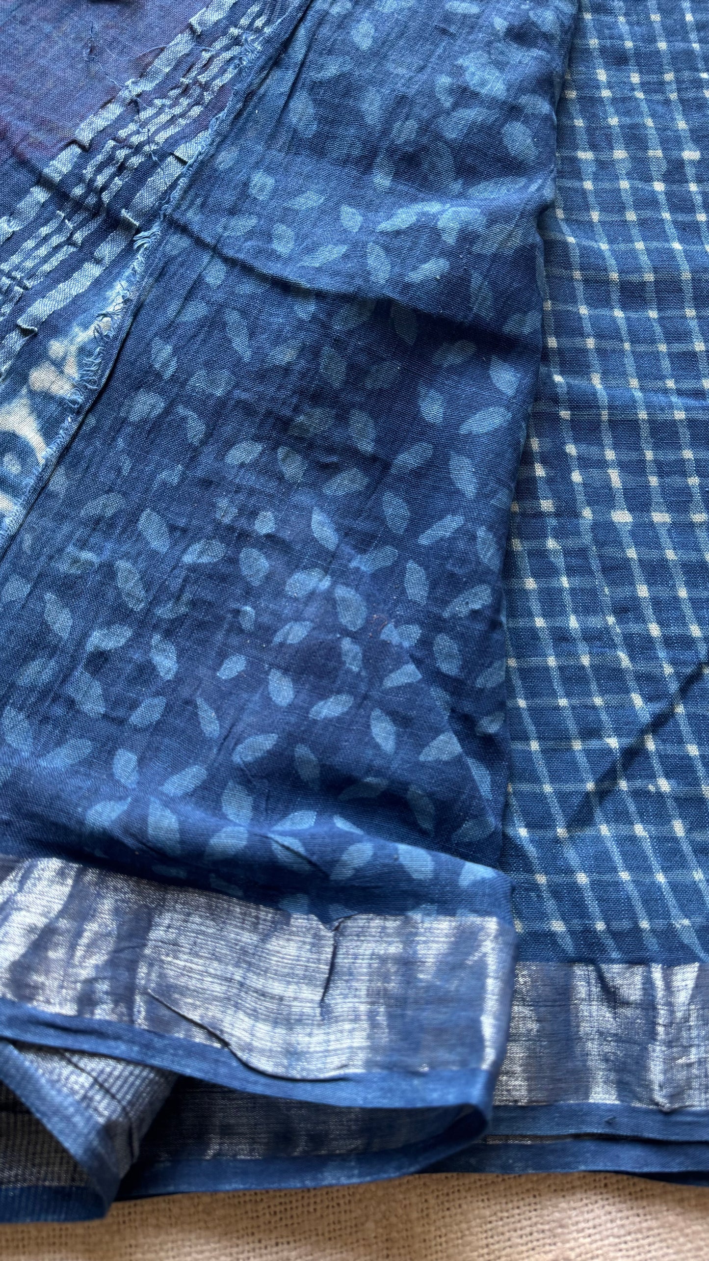Indigo linen, small checks, silver zari border -YCTORNOP17