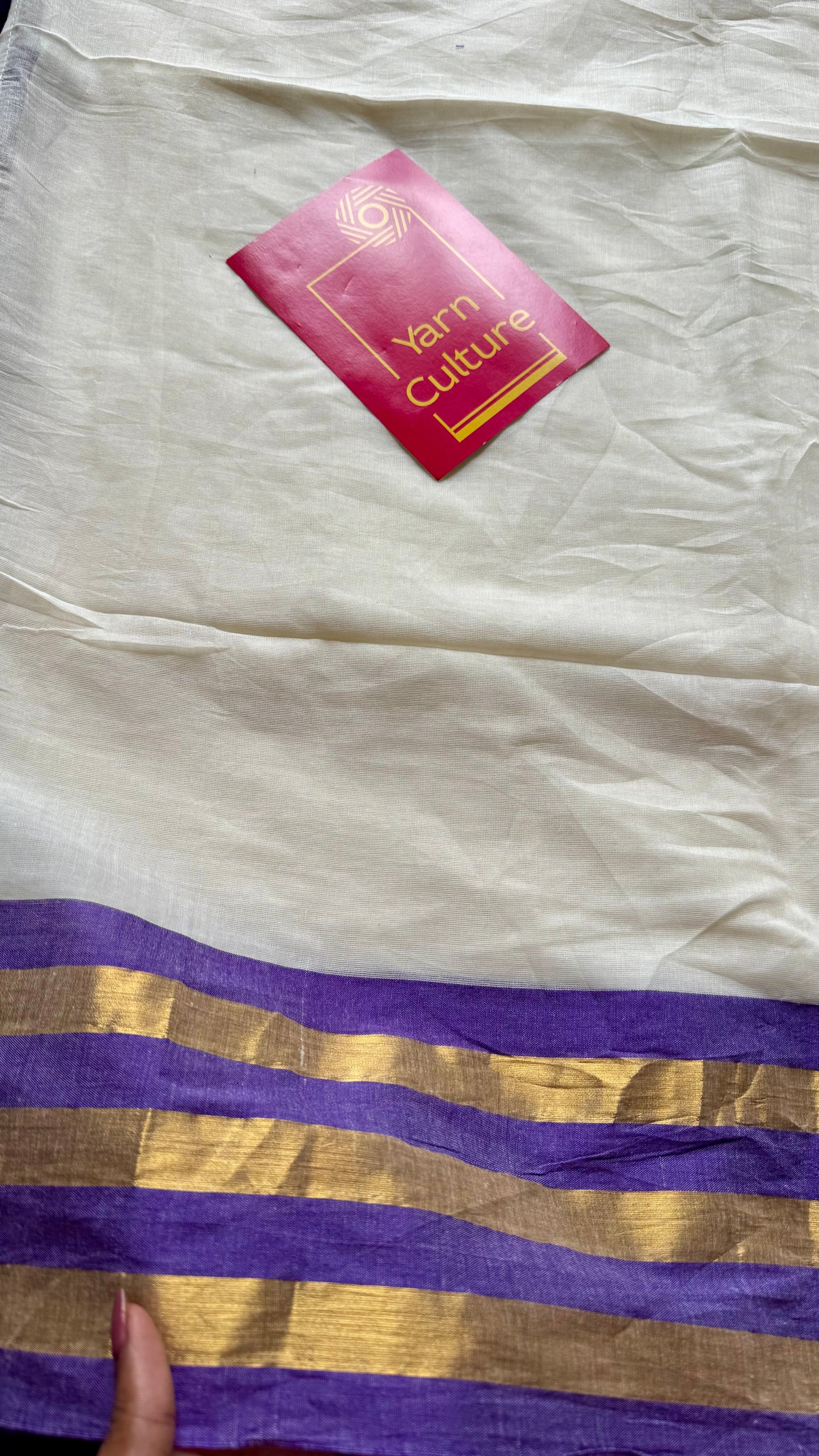 Ivory mul saree, purple striped border - YCIEON40