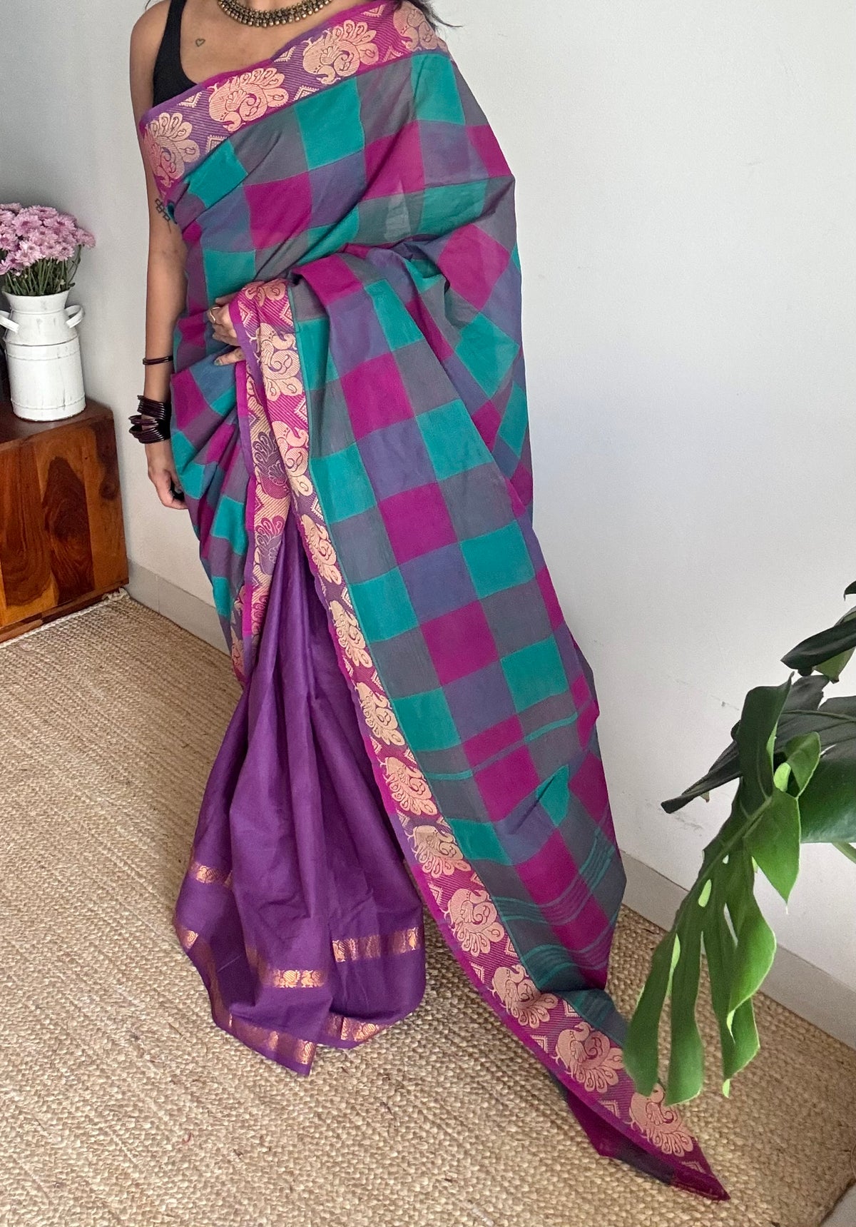Multicoloured checks with purple, sungudi and chettinad cotton half and half saree - YCCOTNIDOC132