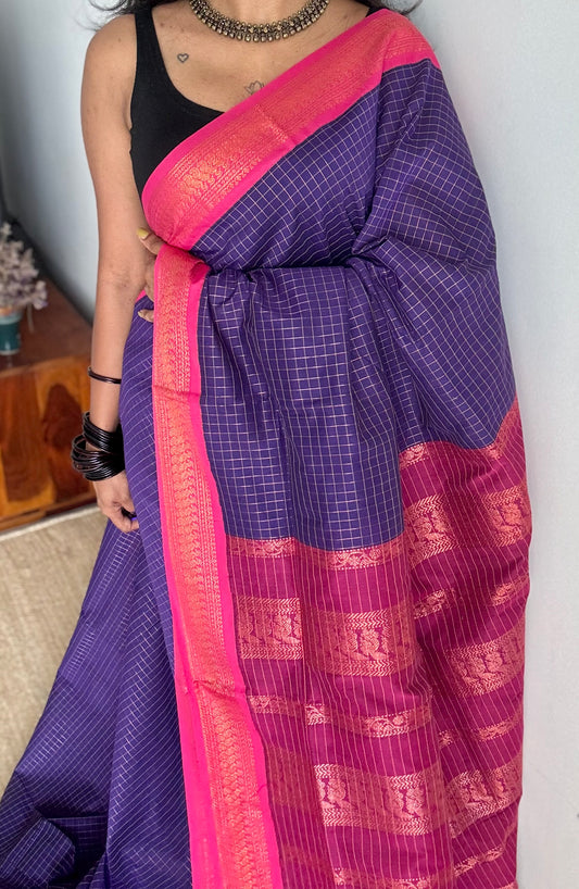Navy blue with pink, checks - cotton silk - YCCOTNSEKCS13