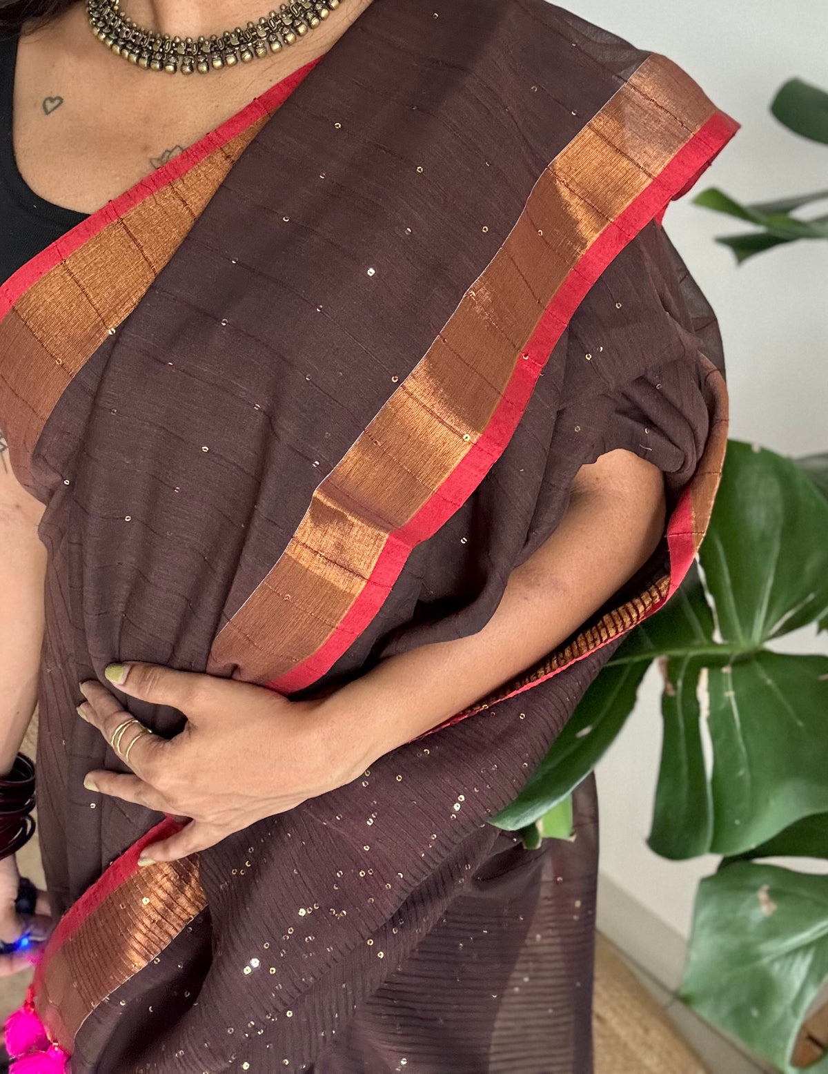 Brown mul cotton saree with sequins and zari border - YCBCMCSE33