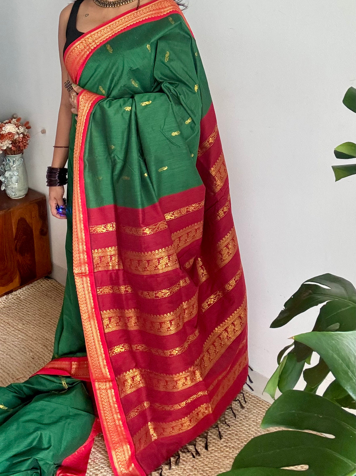 Green with red, cotton silk saree with zari border - YCCOTNKCOC108
