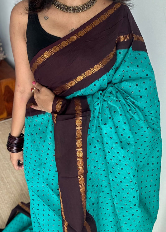 Turquoise with brown, sungudi motif and rudraksham border, madurai soft cotton - YCCOTNAUSC05