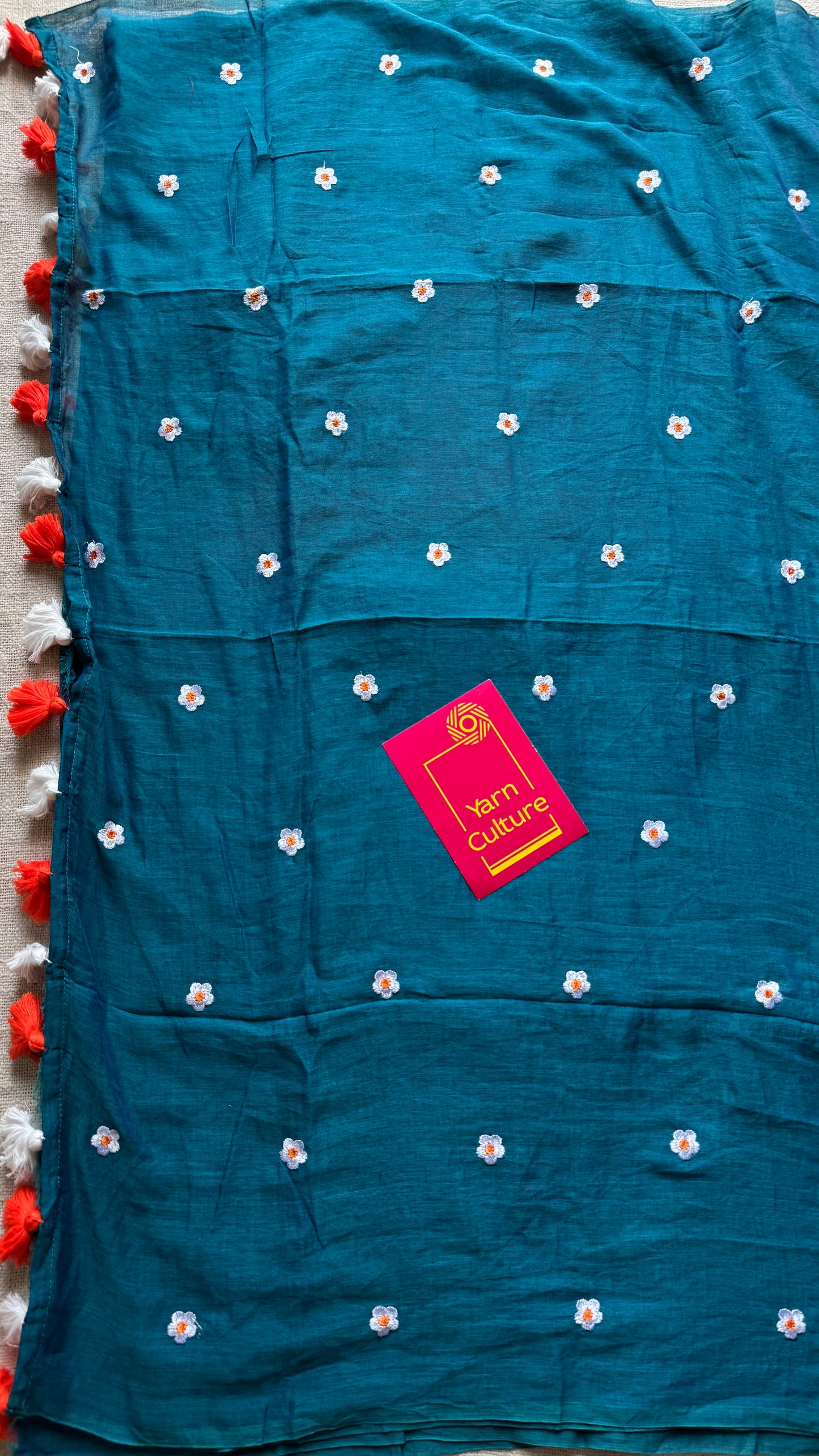 Peacock blue with white floral embroidered mul cotton saree  - YCBCMCAP43