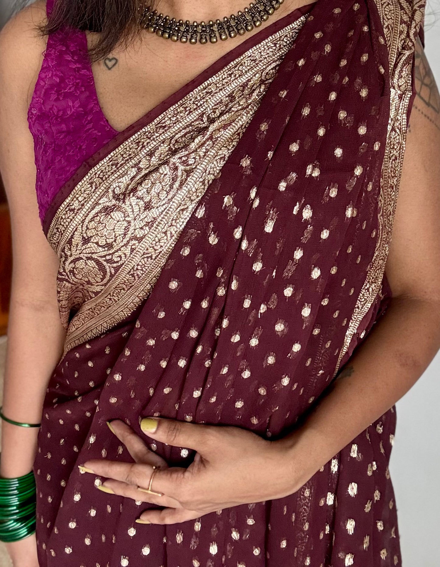 Brown viscose georgette saree with zari motifs - YCDOSFE207