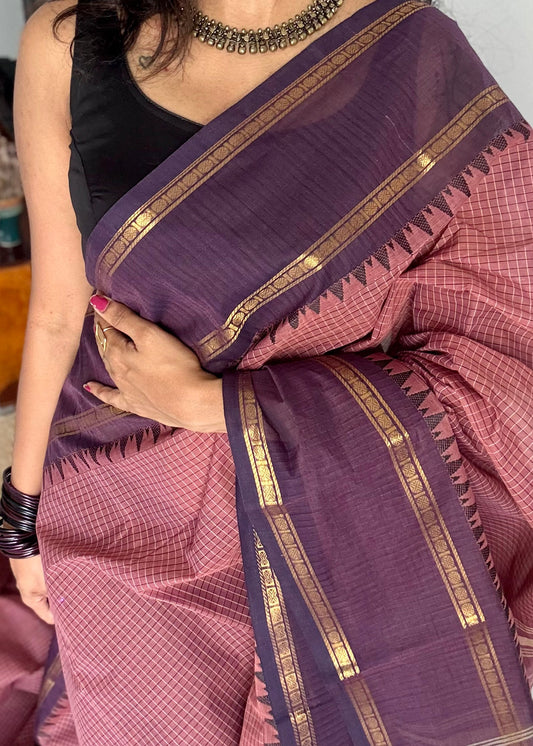 Dusty pink with deep purple border, temple motifs, checkered body, kanchi cotton - YCCOTNOCKC27