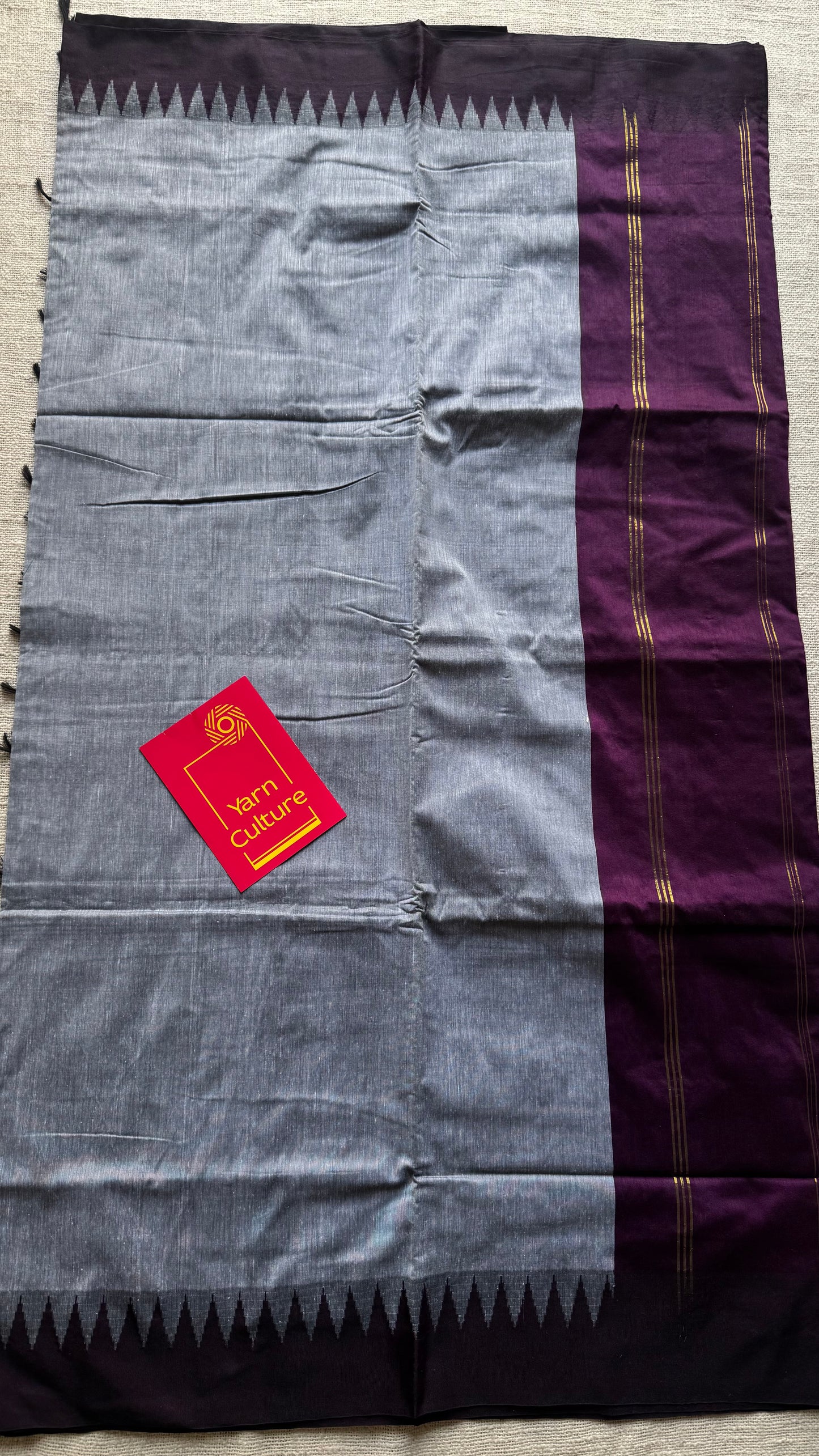 Grey with wine contrast, temple border saree, cotton silk - YCCOTNTBFE59