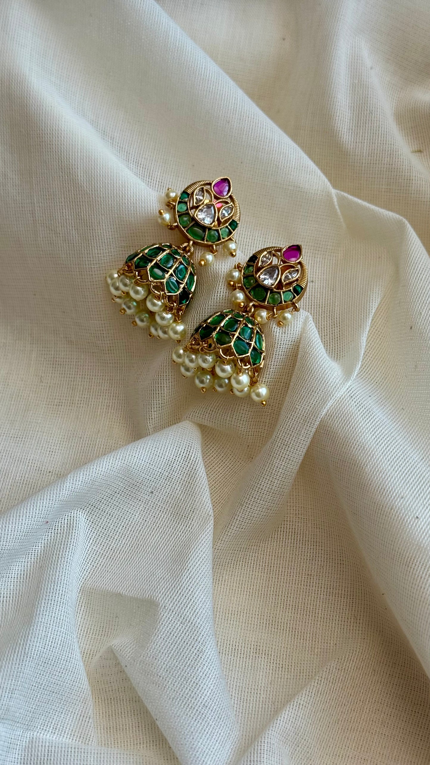 Ruby green white stone and pearls jhumka - YCGPER825