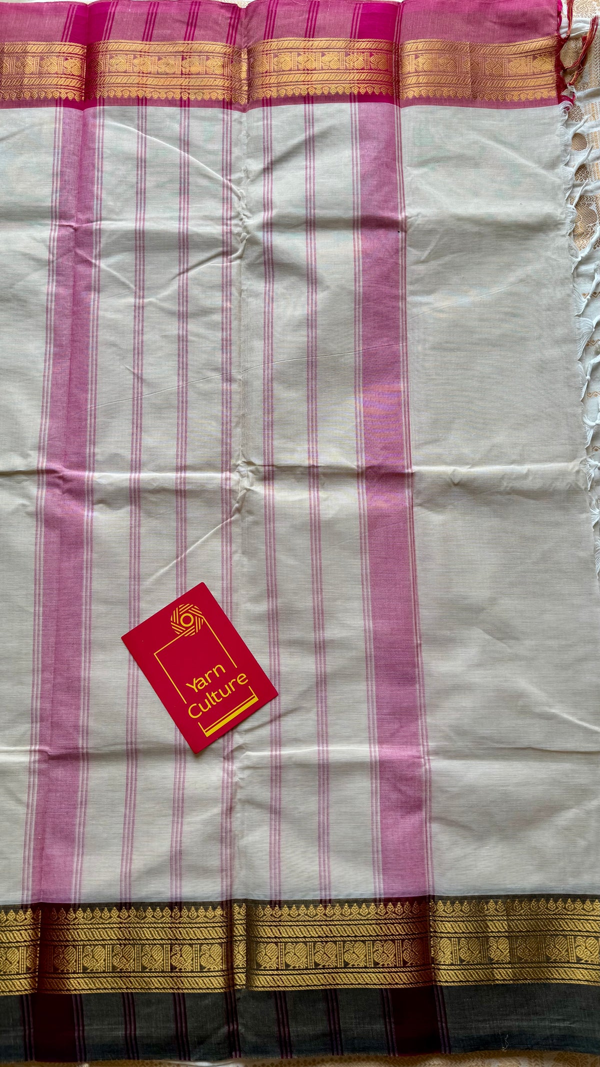 Ivory with pink and black ganga jamuna zari border kanchi cotton saree - YCCOTNCKSE22