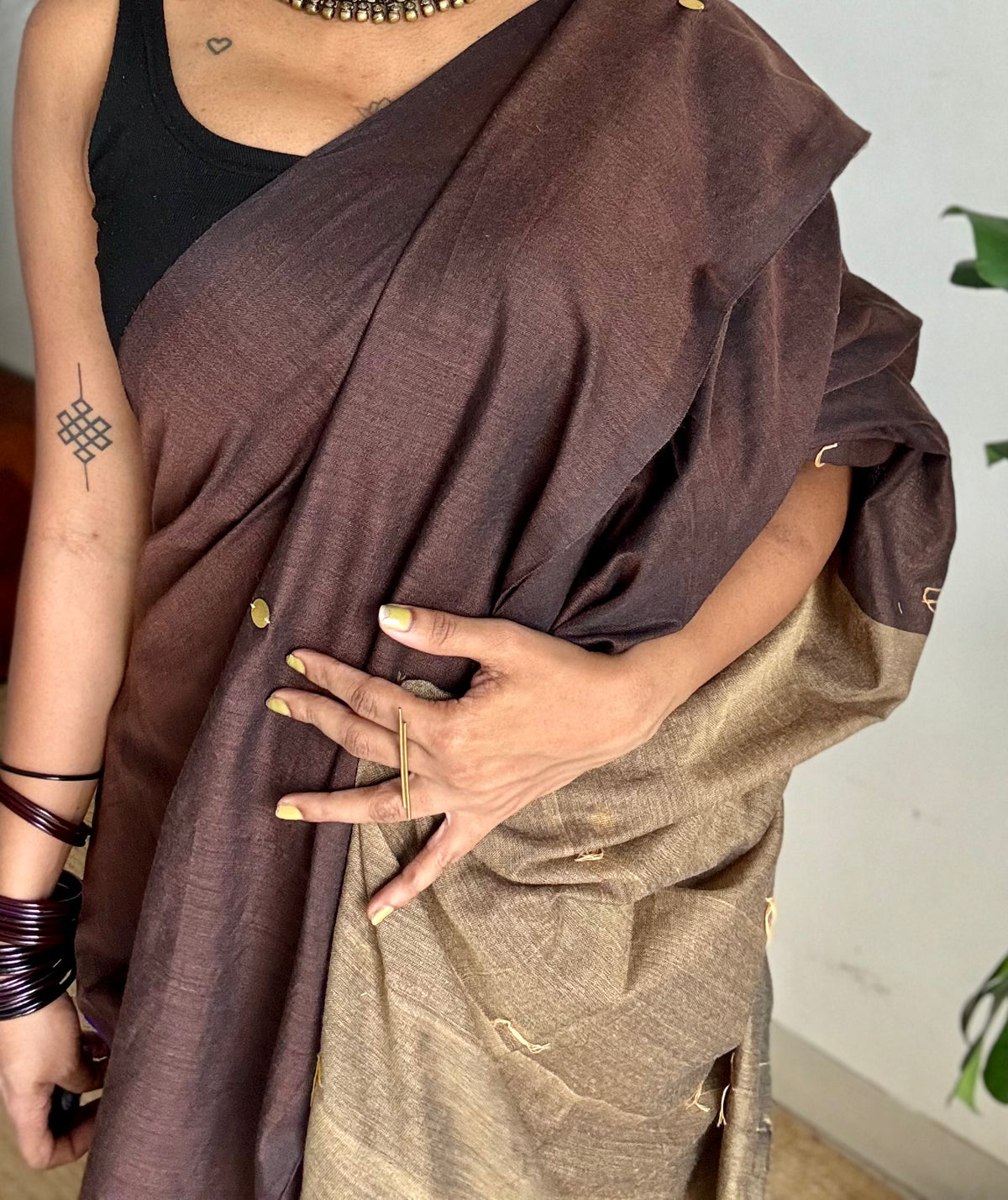 Brown with warm grey contrast pallu, gini sequins, soft cotton saree - YCBCSCOC09