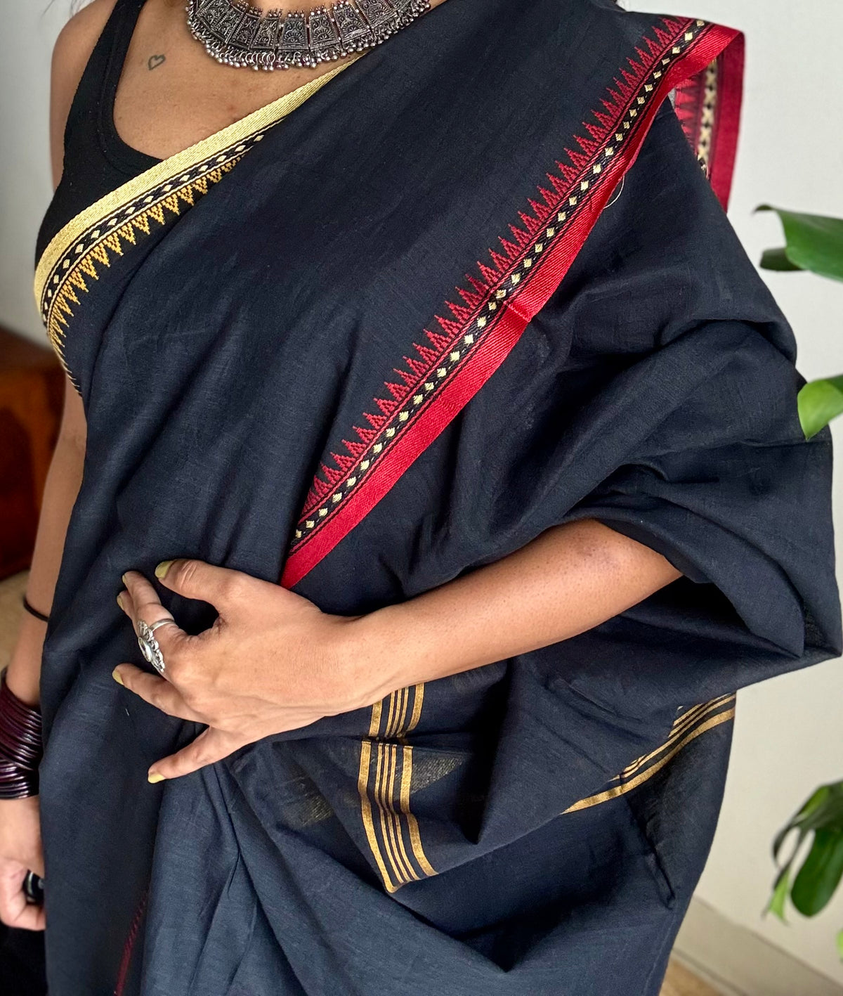 Handloom Bengal soft cotton saree, black with cream and red woven dual tone borders - YCBCMCSE42