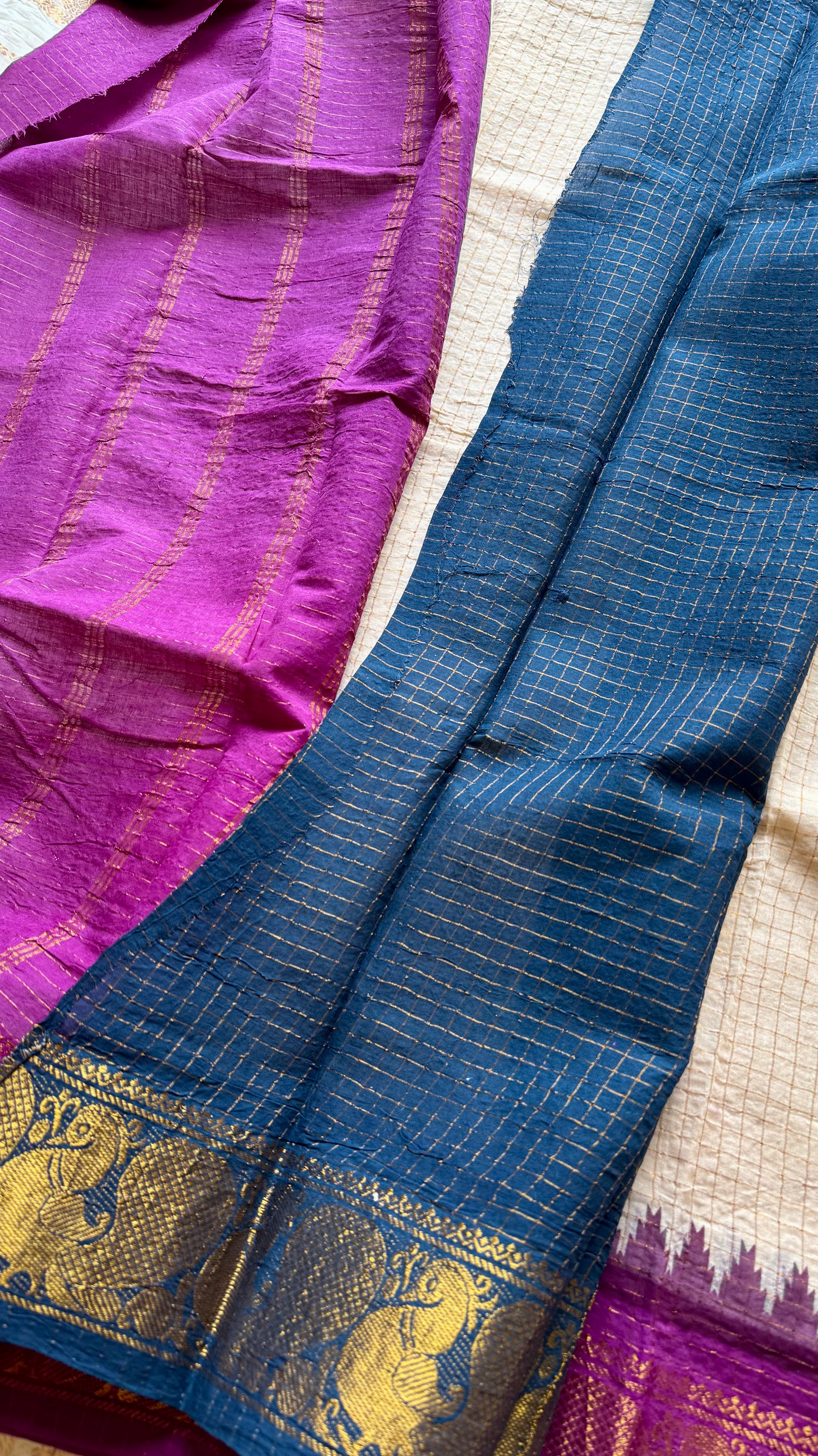 Sungudi cotton checks, ivory gold base, teal and magenta dual tone border, soft cotton - YCIEON100