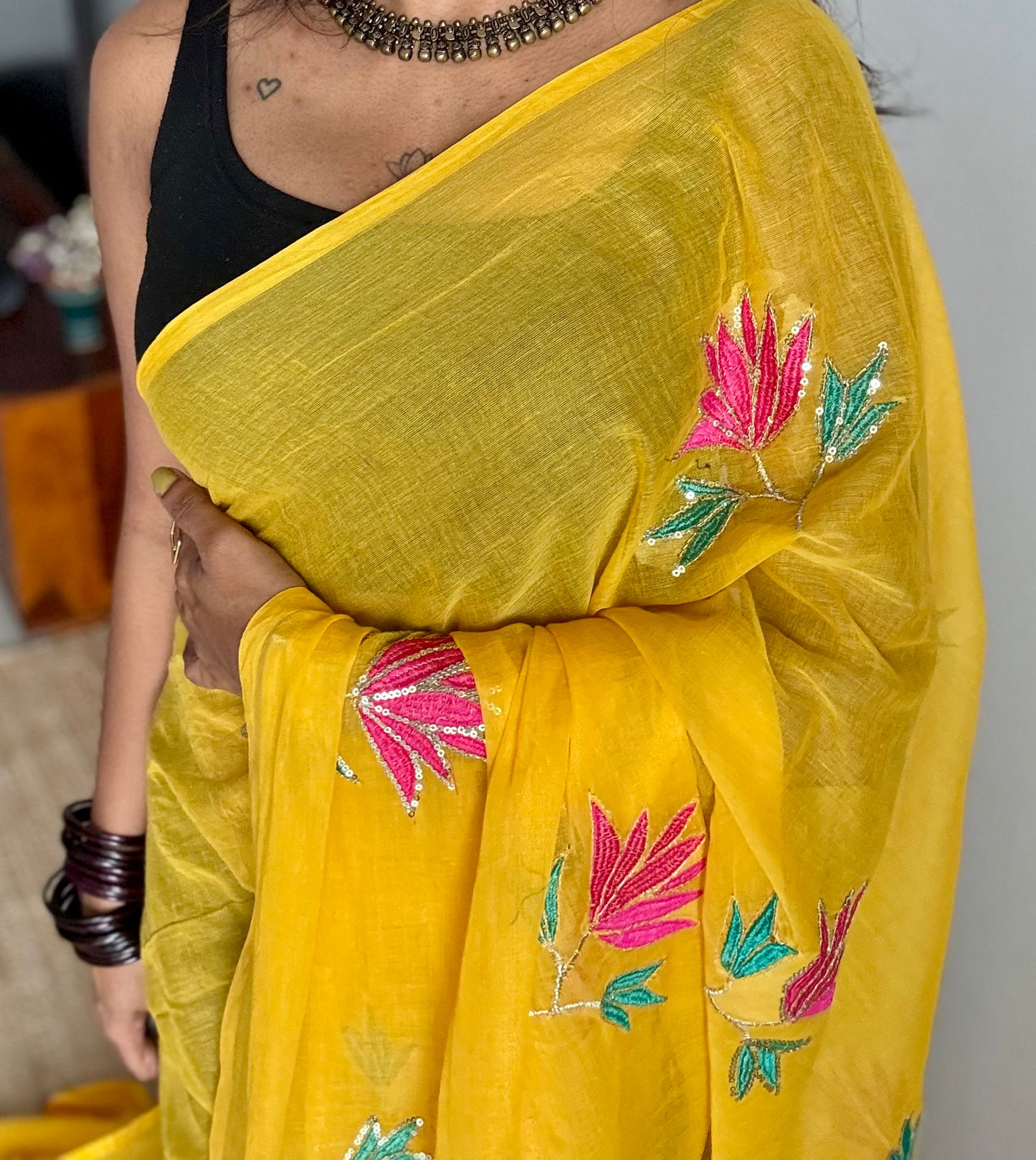 Yellow mul with lotus sequin embroidery - YCBCMCDE16