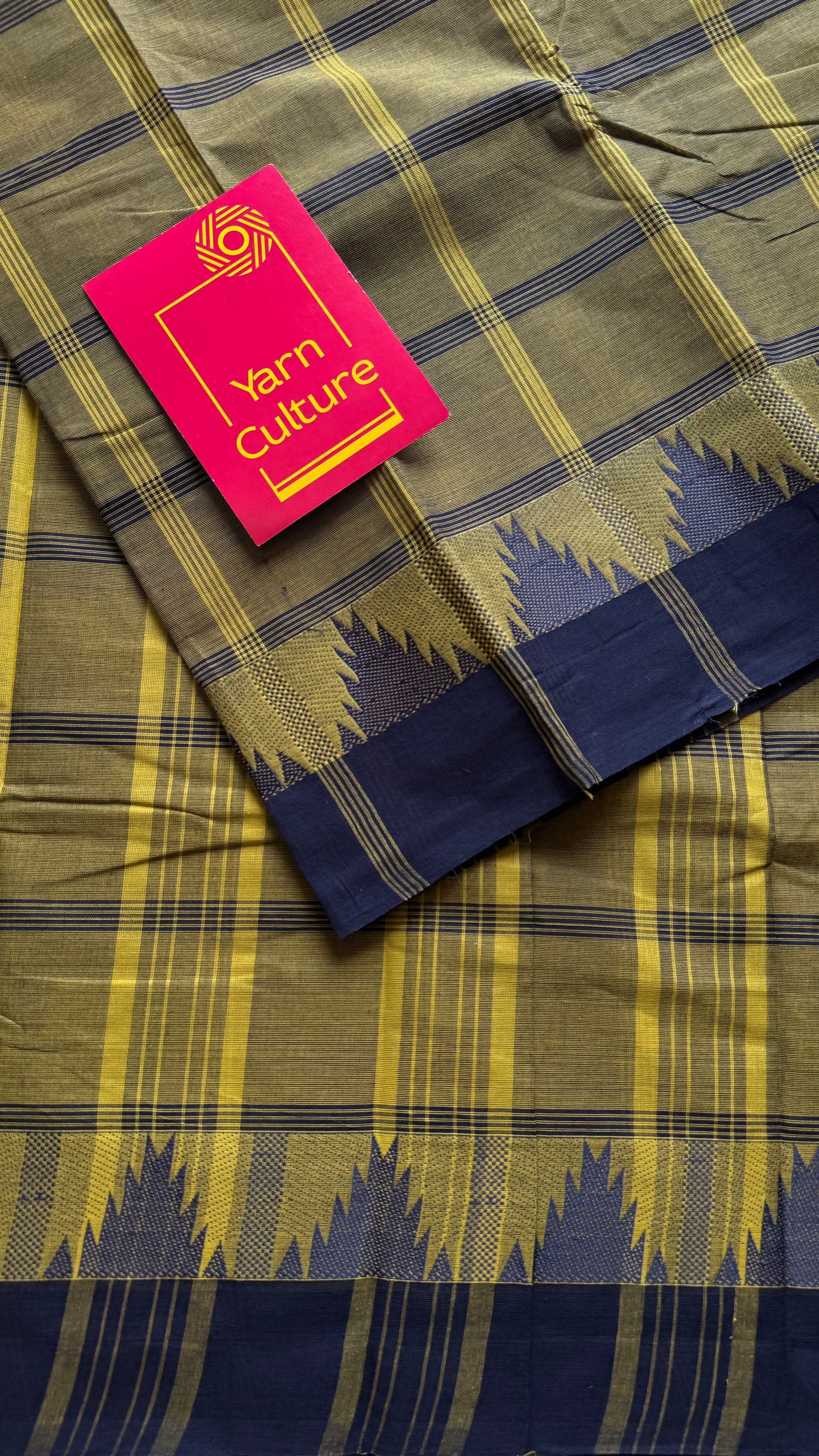 Chettinad cotton saree with olive green and navy checks, temple motif border - YCCOTNAP67