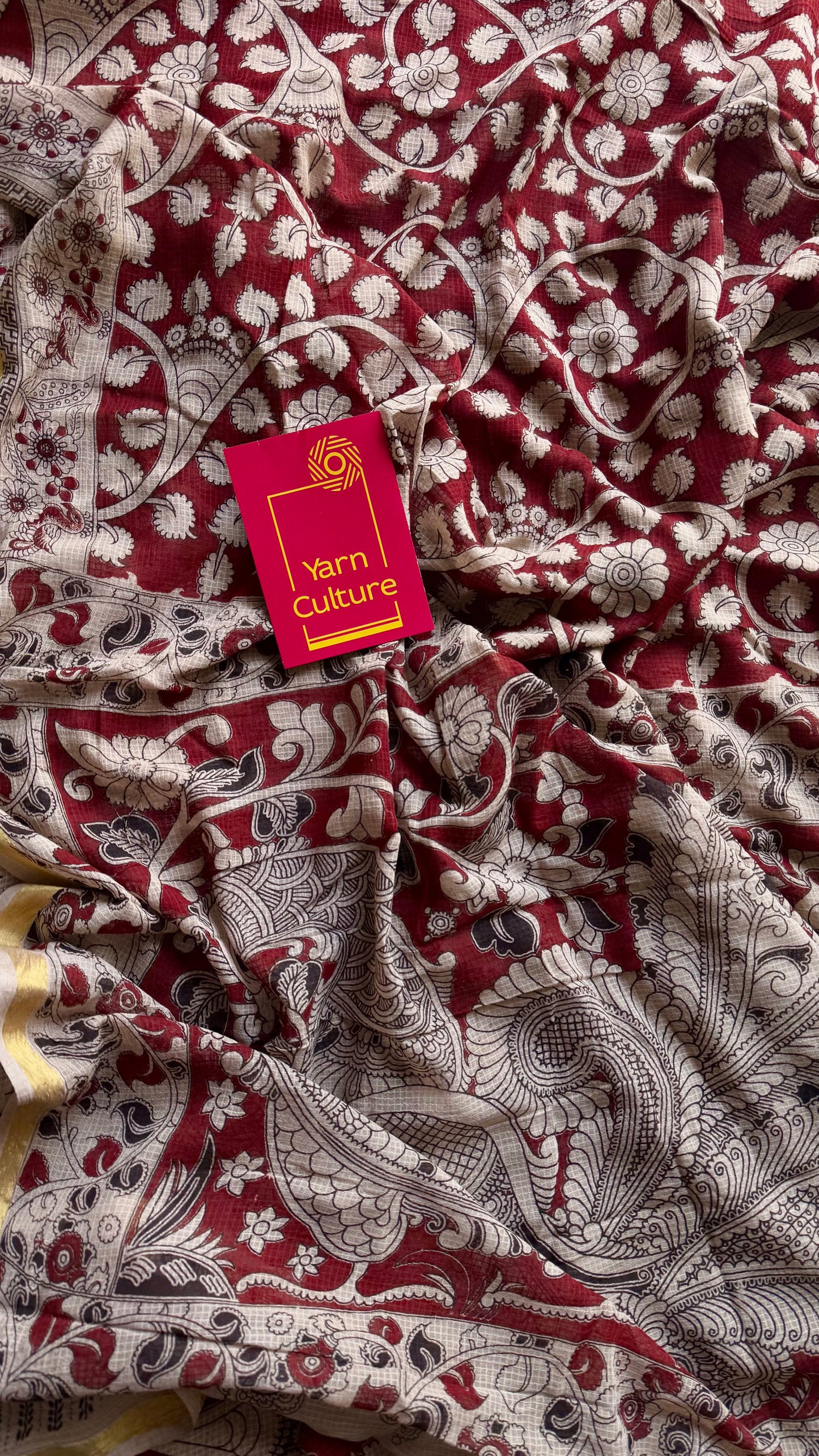 Red cream floral kalamkari saree in kota, with zari border - YCWOTDKKFE17