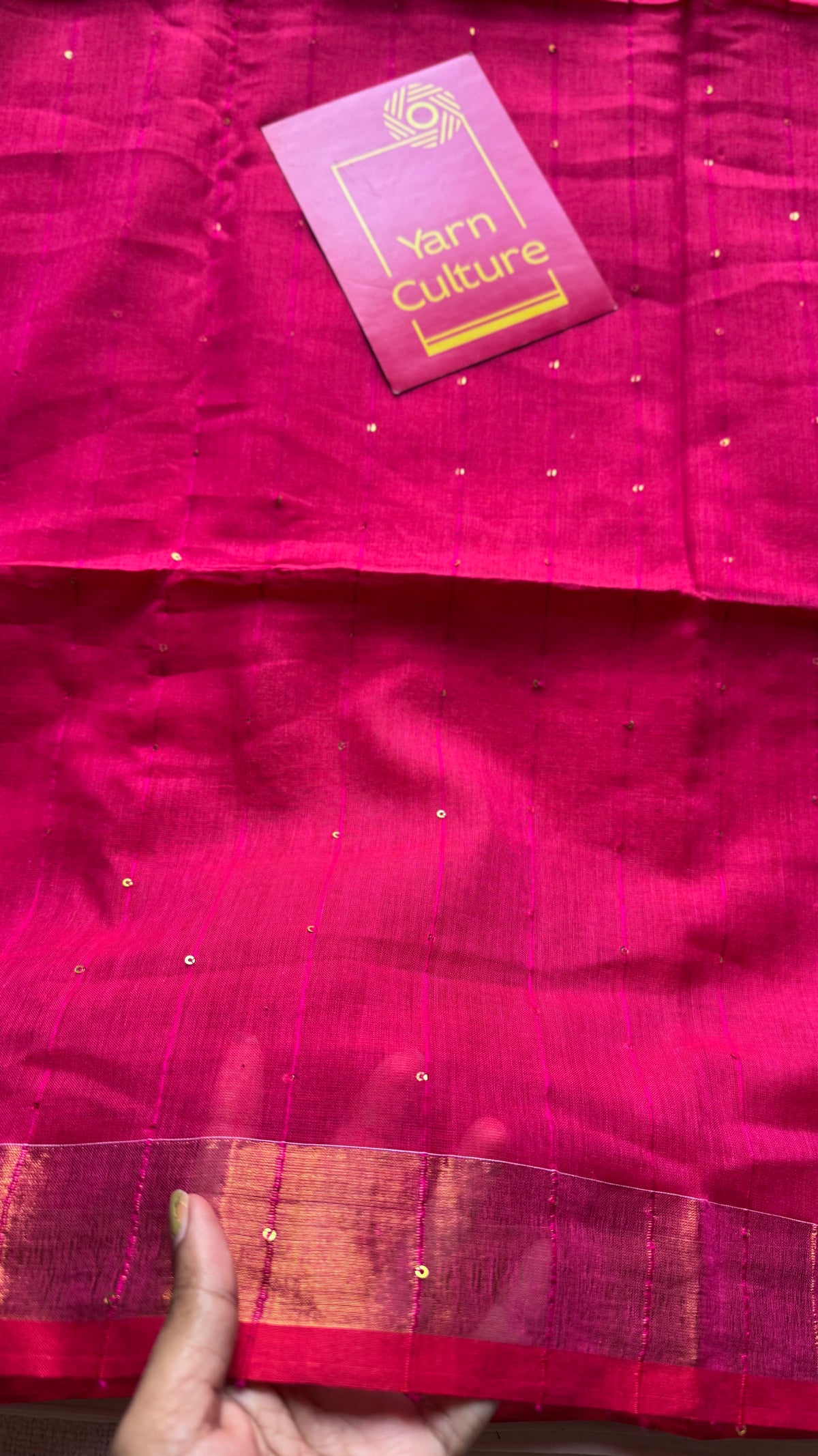 Hot pink mul cotton saree with sequins and zari border - YCBCMCSE34